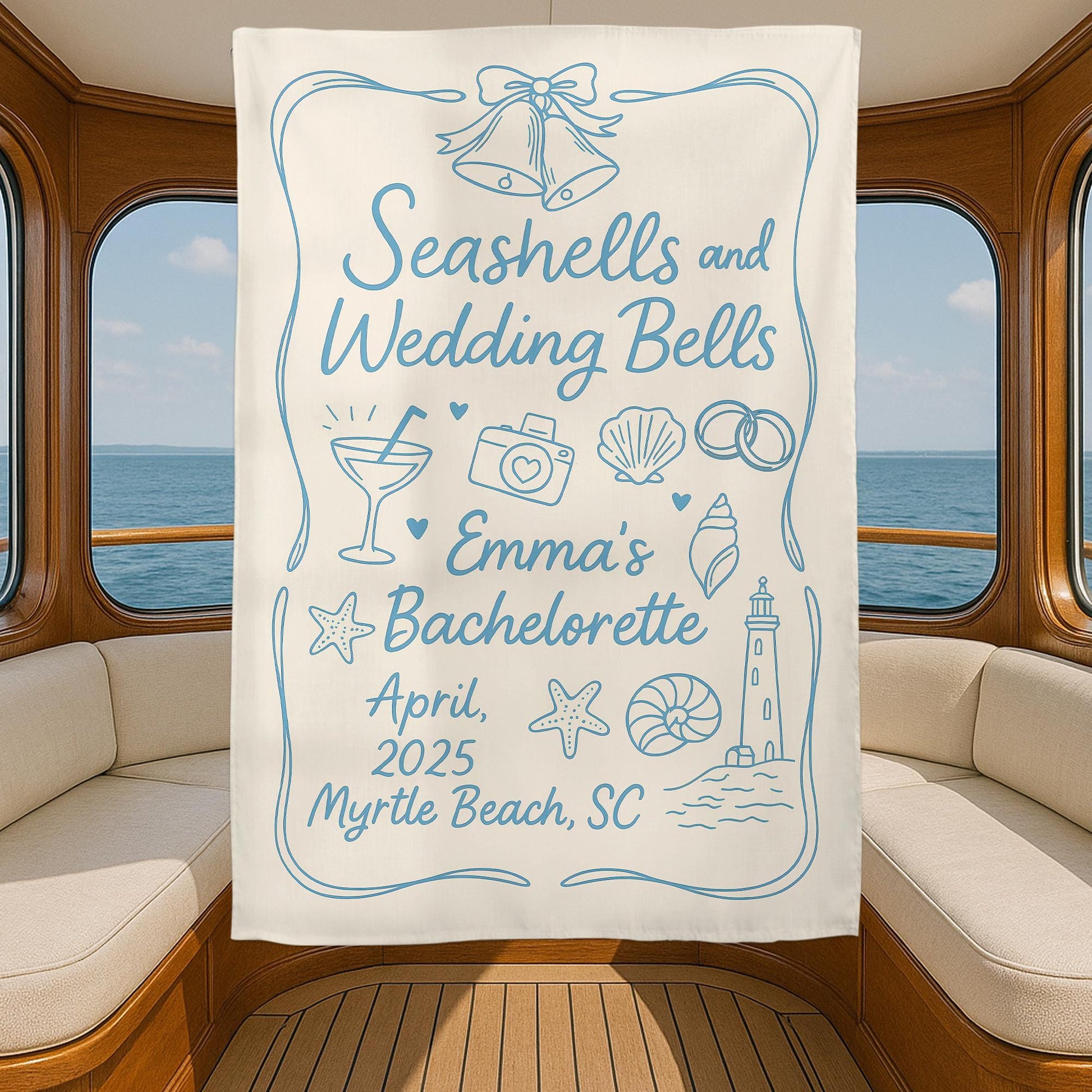 Custom Bachelorette Party Tapestry – Seashells and Wedding Bells Beach Banner – Personalized Bridal Shower Decor – Nautical Bach Party Sign