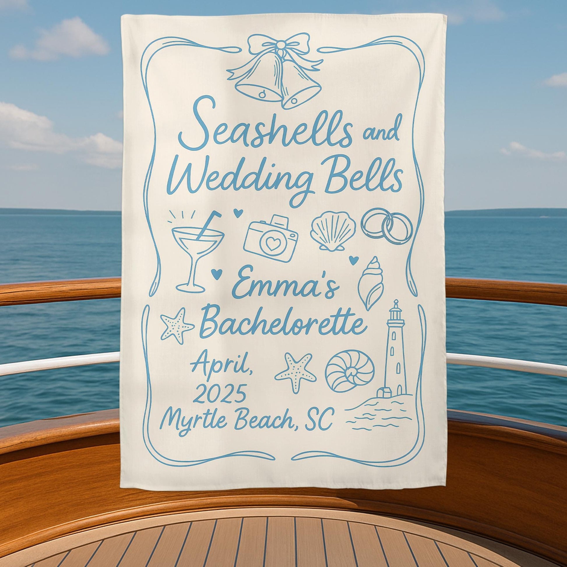 Custom Bachelorette Party Tapestry – Seashells and Wedding Bells Beach Banner – Personalized Bridal Shower Decor – Nautical Bach Party Sign