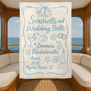 Custom Bachelorette Party Tapestry – Seashells and Wedding Bells Beach Banner – Personalized Bridal Shower Decor – Nautical Bach Party Sign