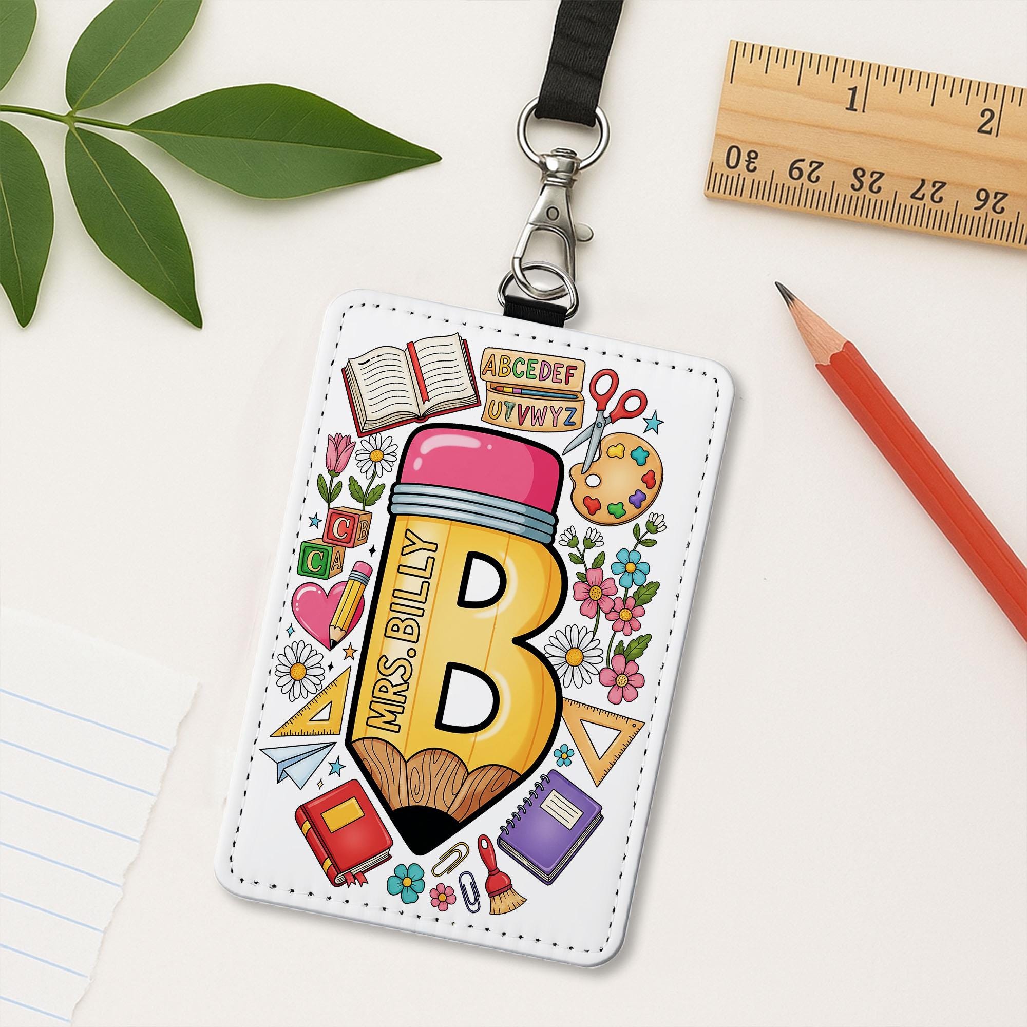 Personalized Teacher Badge Holder, Pencil Leather ID Tag, Custom School Lanyard, Cute Classroom Accessory, Back to School Gift