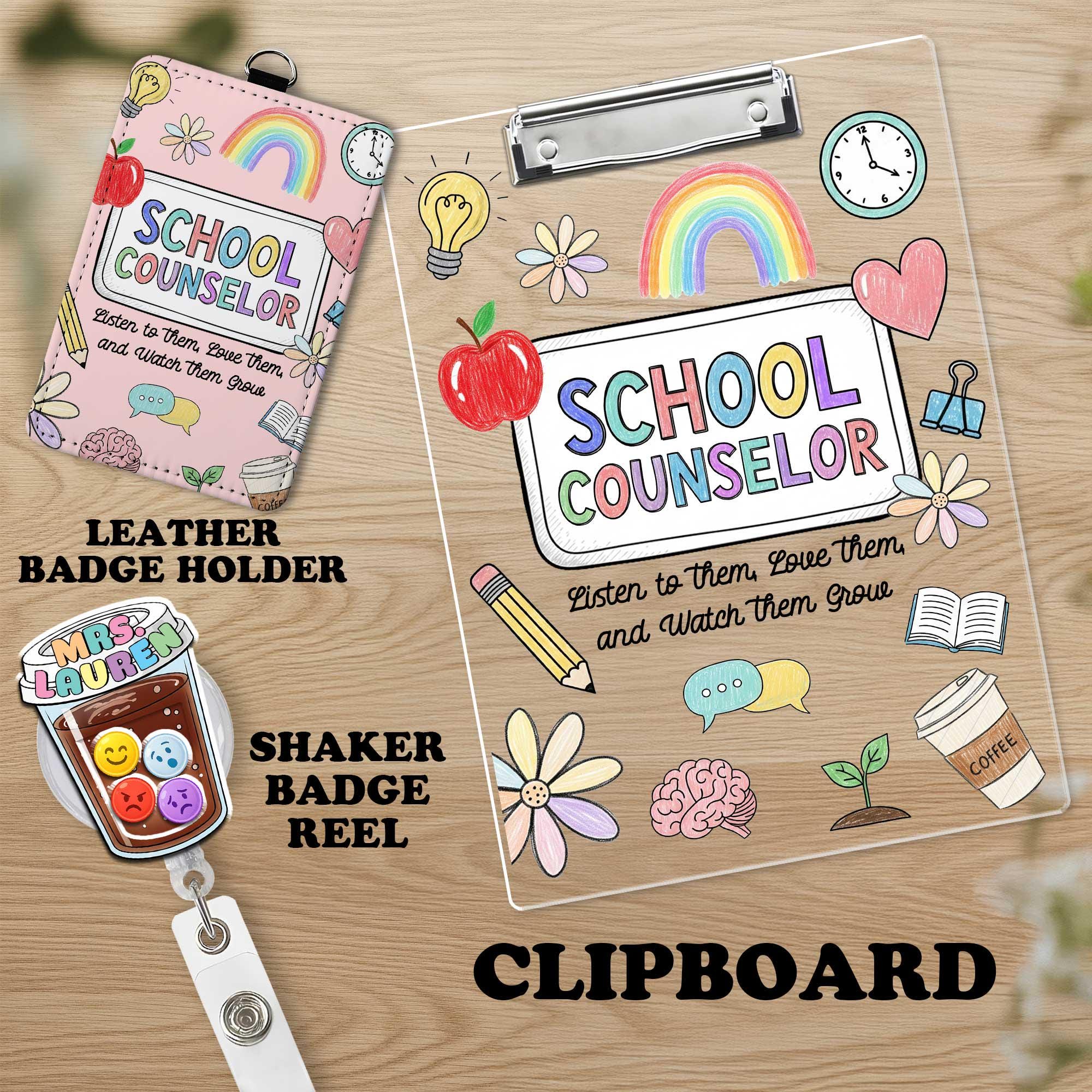 Personalized School Counselor Gift Set | Badge Reel & Leather ID Holder | Acrylic Clipboard | Back to School Teacher Counselor Supplies
