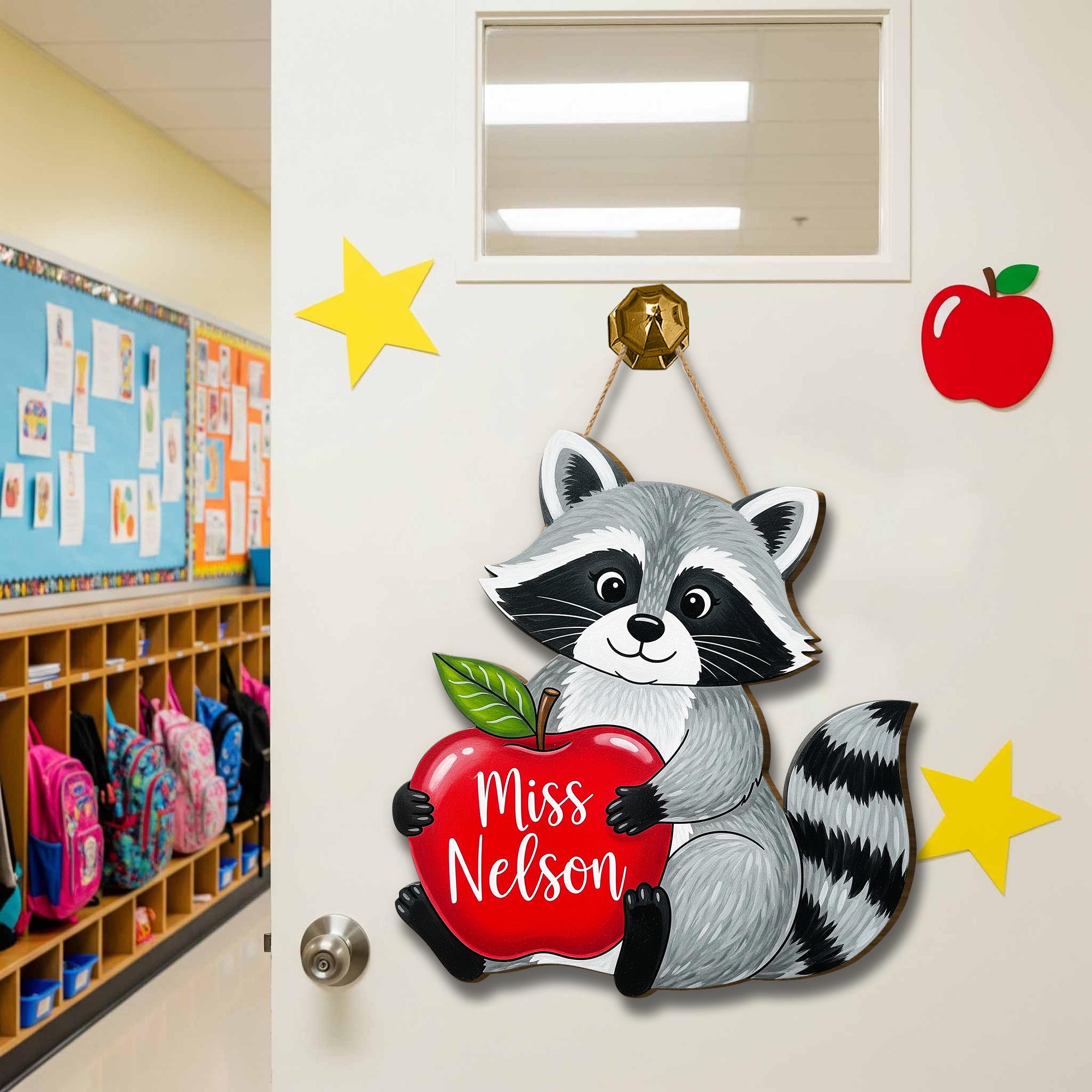 Personalized Raccoon Teacher Door Sign with Apple – Custom Classroom Hanging Decor Back to School Gift for Teachers, Educators, Wall Art