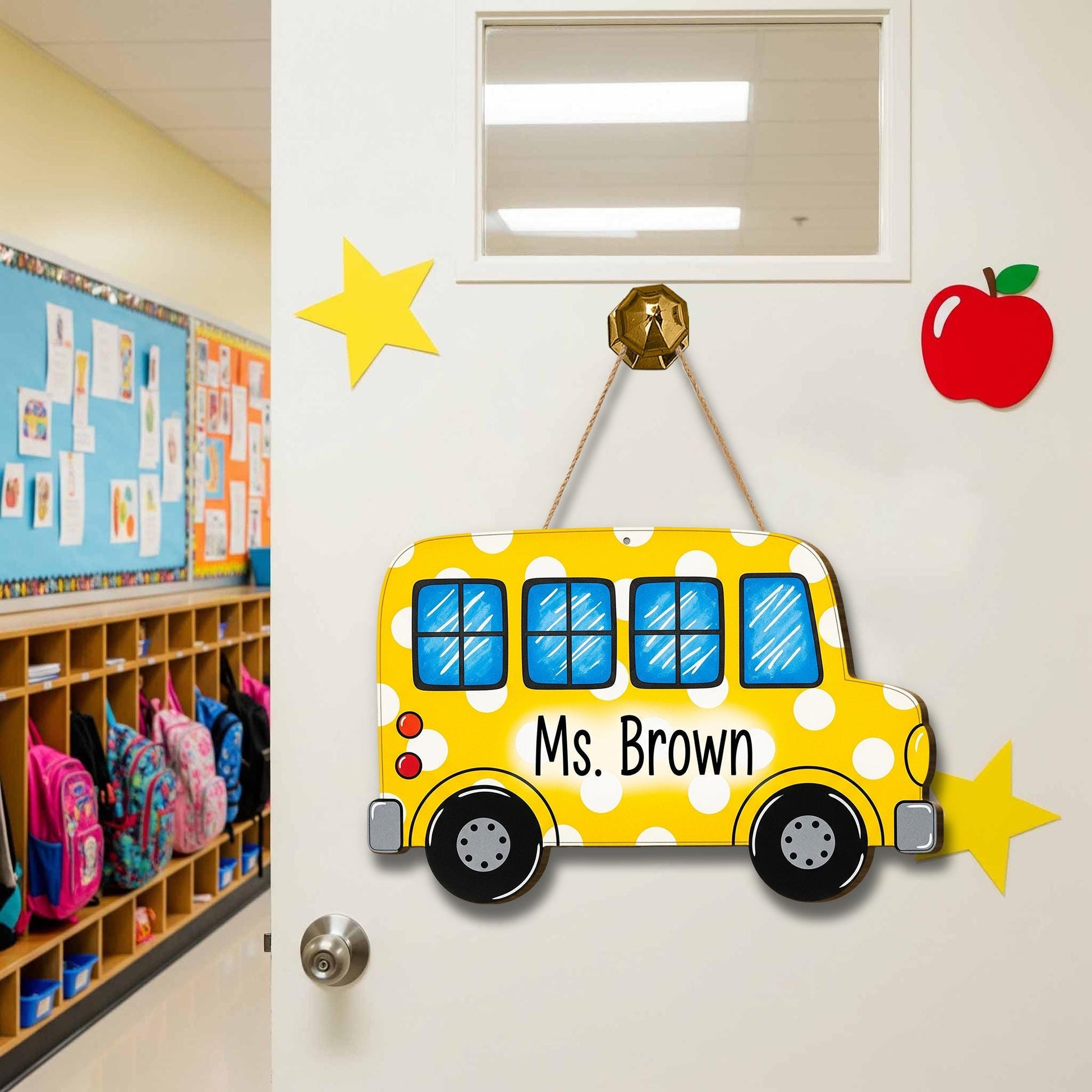 Personalized School Bus Teacher Door Sign – Custom Yellow Polka Dot Classroom Decor Name Plaque Back to School Gift for Teachers, Educators