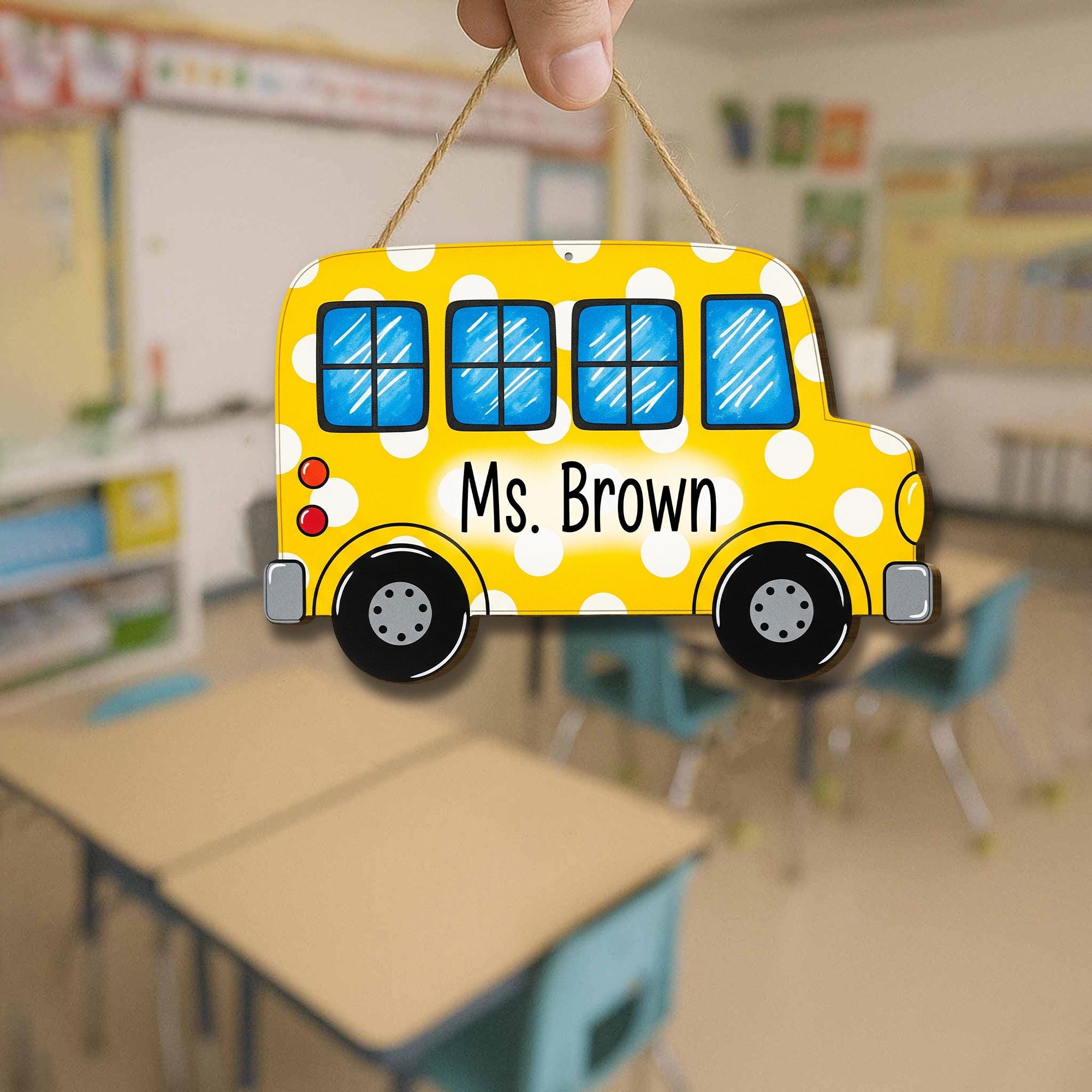 Personalized School Bus Teacher Door Sign – Custom Yellow Polka Dot Classroom Decor Name Plaque Back to School Gift for Teachers, Educators