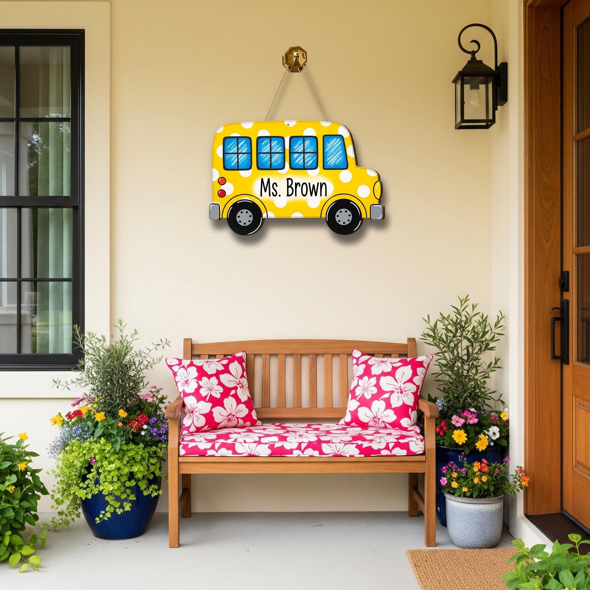 Personalized School Bus Teacher Door Sign – Custom Yellow Polka Dot Classroom Decor Name Plaque Back to School Gift for Teachers, Educators