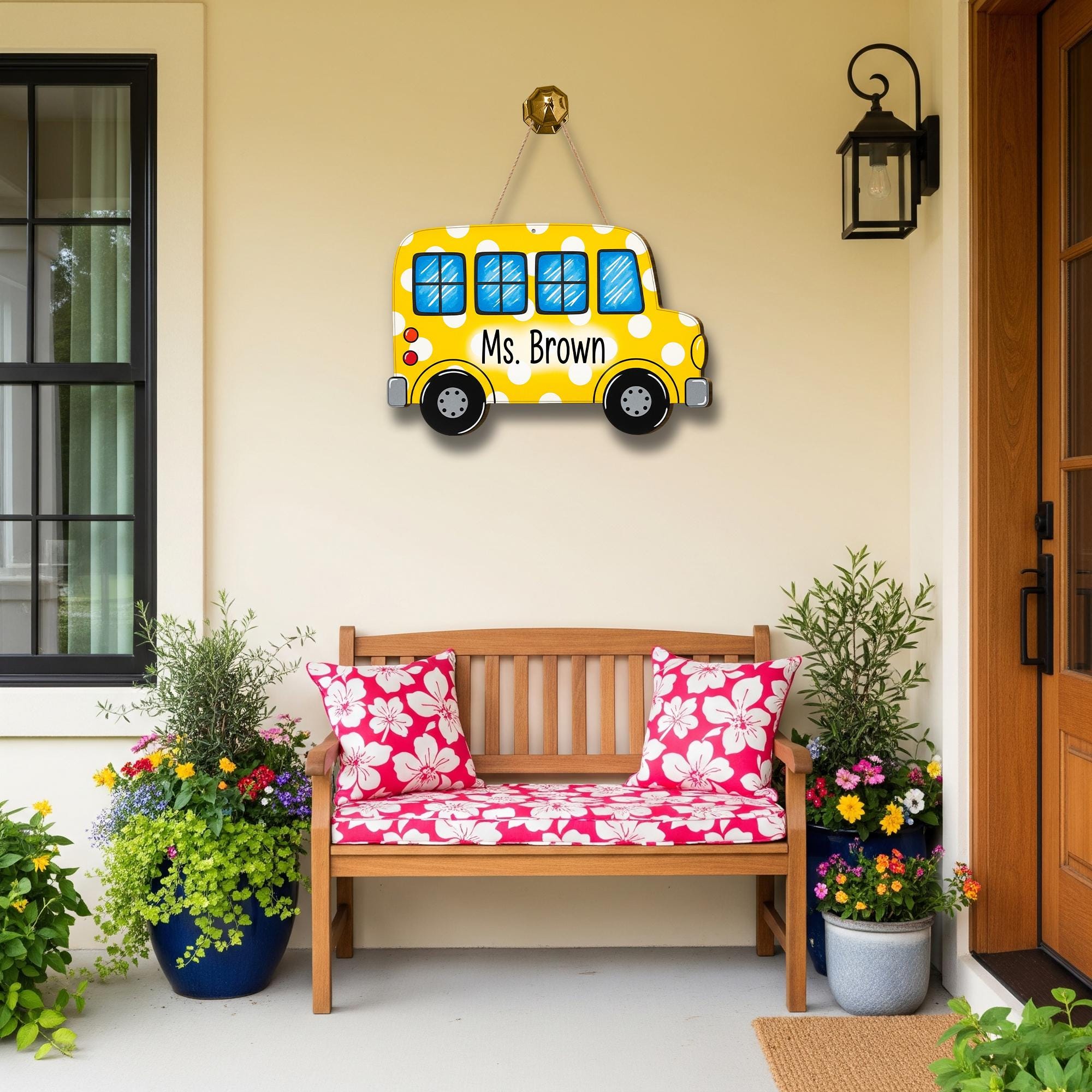 Personalized School Bus Teacher Door Sign – Custom Yellow Polka Dot Classroom Decor Name Plaque Back to School Gift for Teachers, Educators