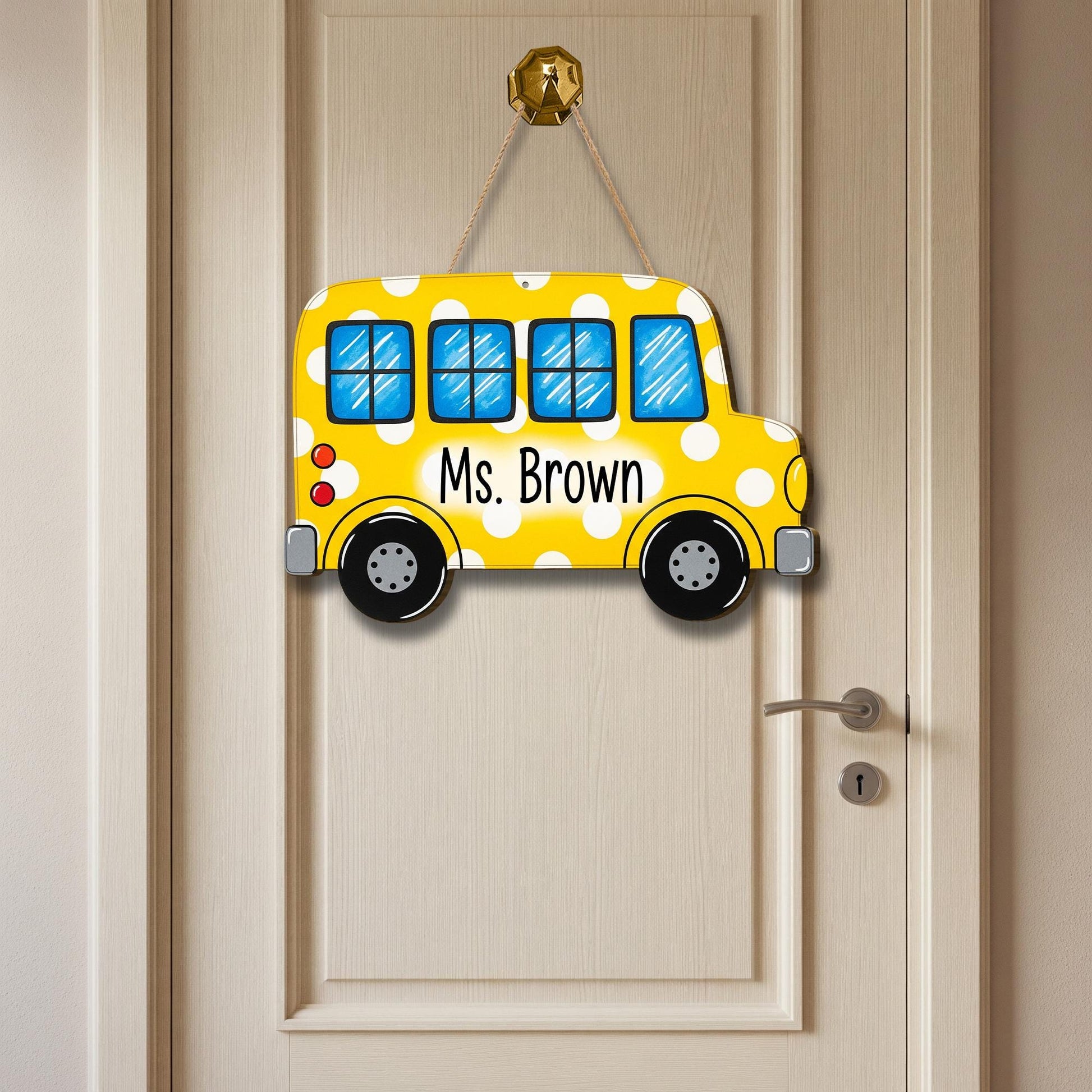 Personalized School Bus Teacher Door Sign – Custom Yellow Polka Dot Classroom Decor Name Plaque Back to School Gift for Teachers, Educators