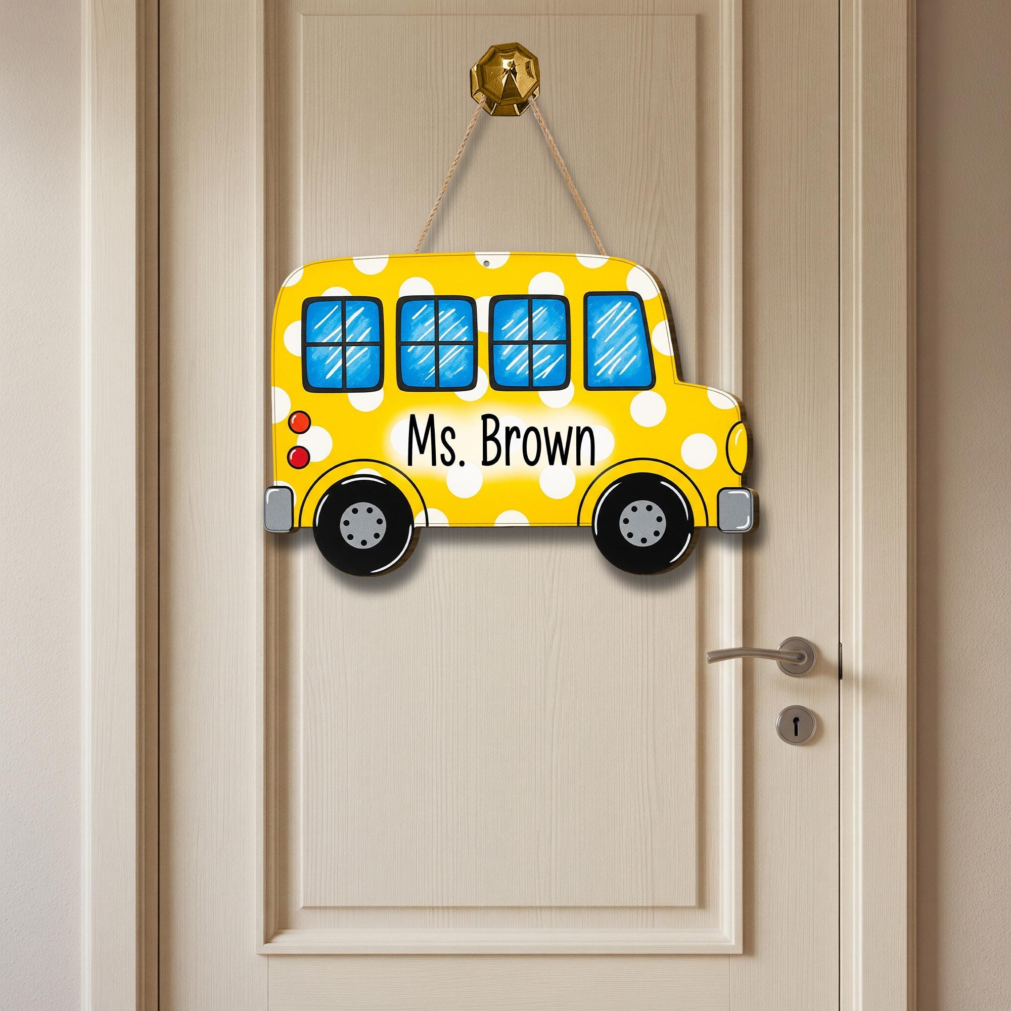 Personalized School Bus Teacher Door Sign – Custom Yellow Polka Dot Classroom Decor Name Plaque Back to School Gift for Teachers, Educators