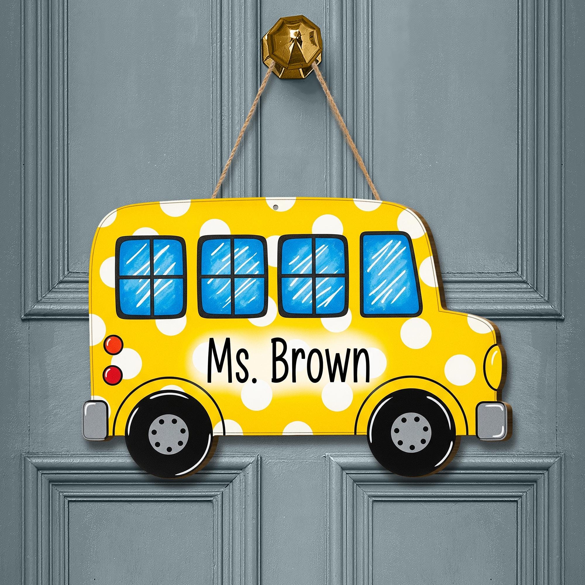 Personalized School Bus Teacher Door Sign – Custom Yellow Polka Dot Classroom Decor Name Plaque Back to School Gift for Teachers, Educators