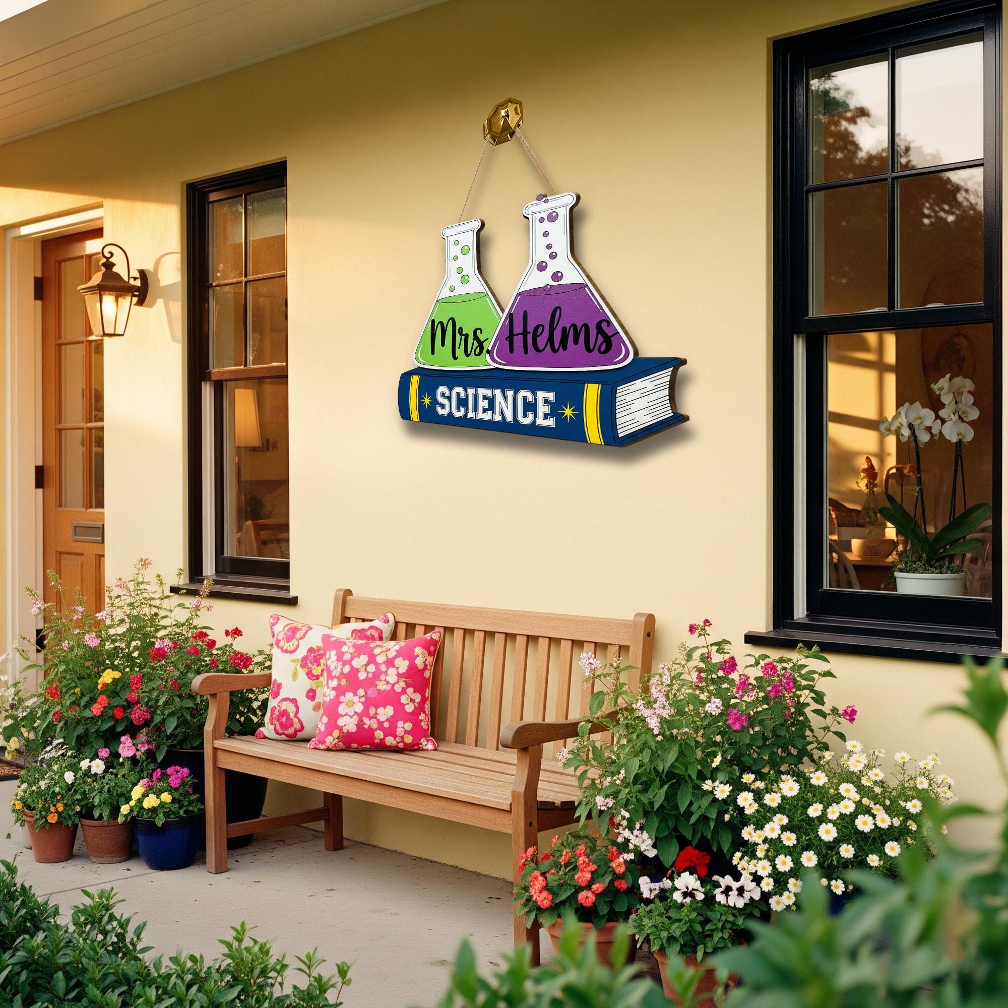 Personalized Science Teacher Door Sign with Beakers – Custom Classroom Decor for Teachers, STEM Back to School Gift for Science Lovers