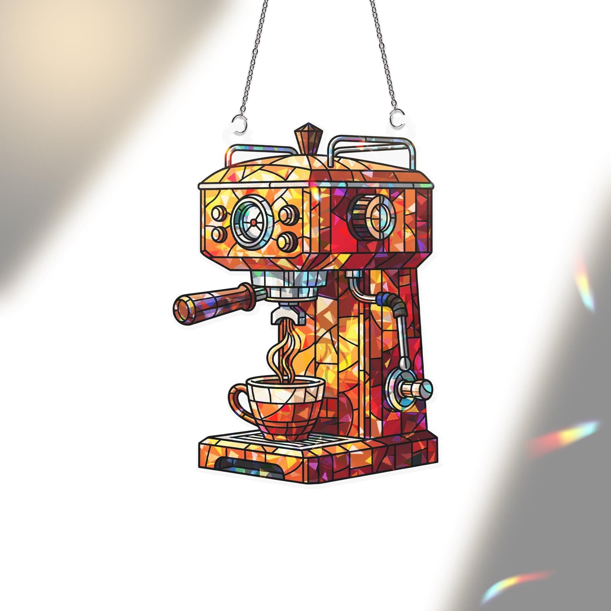 Coffee Bar Hologram Window Hanging – Faux Glass Espresso Machine Decor, Kitchen Coffee Lover Gift, Sun Catcher Window Sign