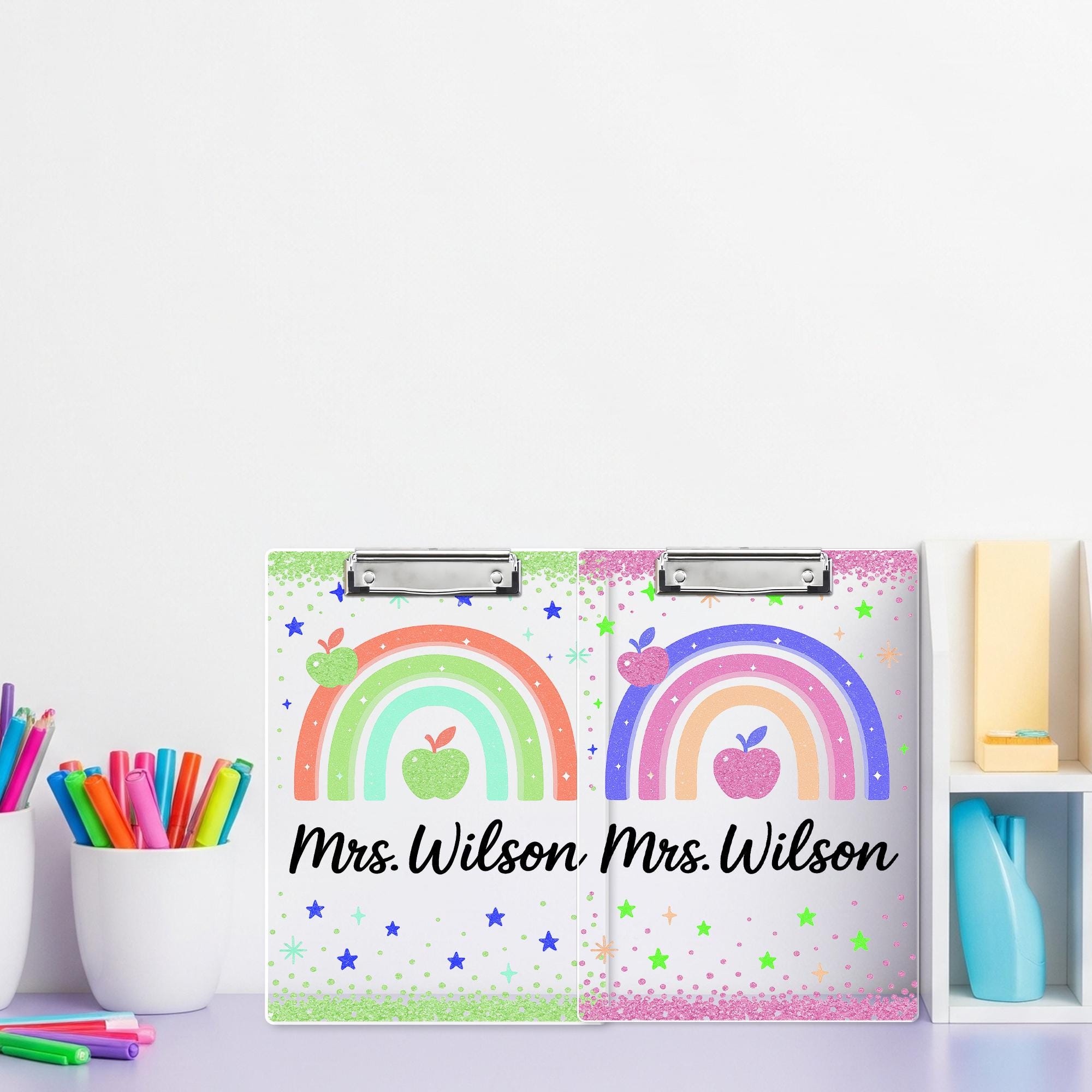 Personalized Rainbow Teacher Clipboard, Glitter Back to School Gift, Custom Name Clipboard with Apple Design for Classroom