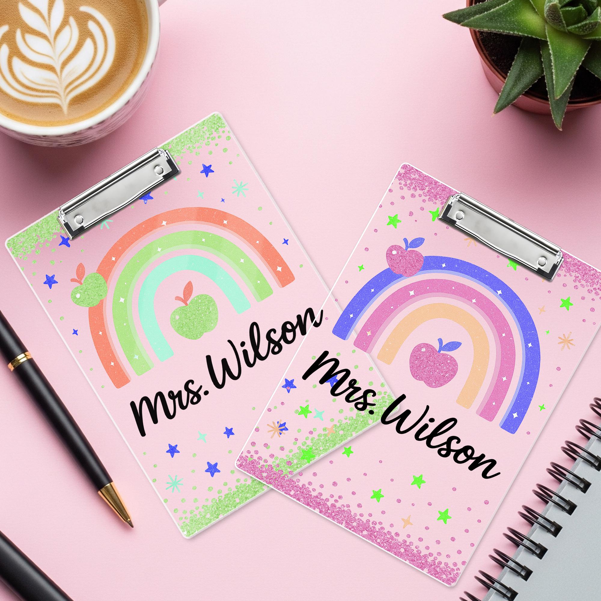 Personalized Rainbow Teacher Clipboard, Glitter Back to School Gift, Custom Name Clipboard with Apple Design for Classroom