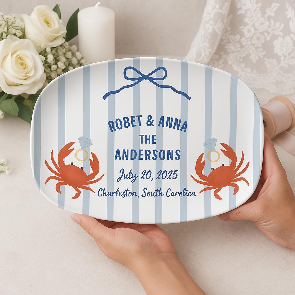 Custom Beach Engagement Platter – Personalized Crab Couple Plate – Nautical Wedding Gift – Coastal Bridal Shower Decor – Decor only