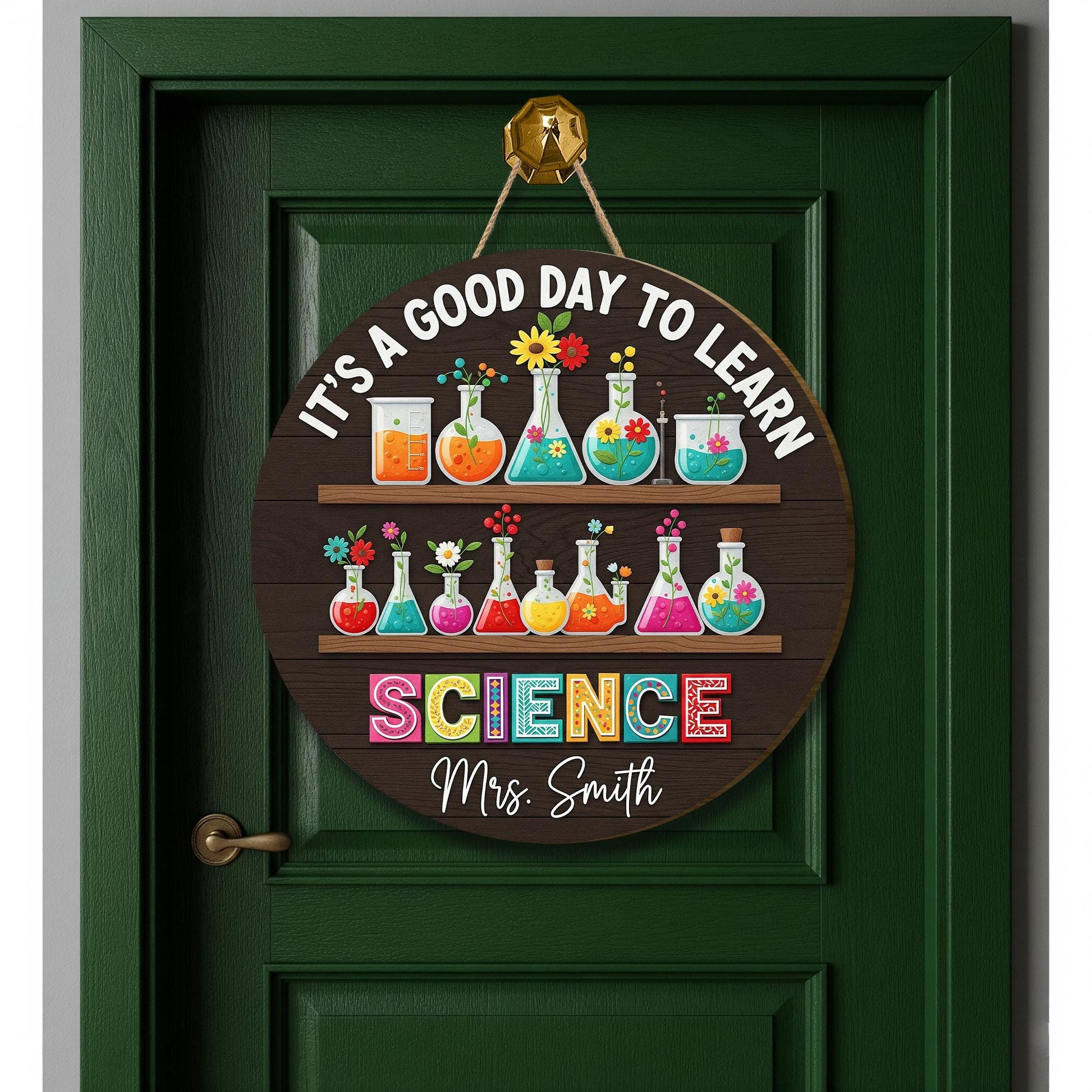 Personalized Science Teacher Door Sign – Round Classroom Lab Decor with Beakers & Flowers – Custom STEM Gift for Educators, Teachers