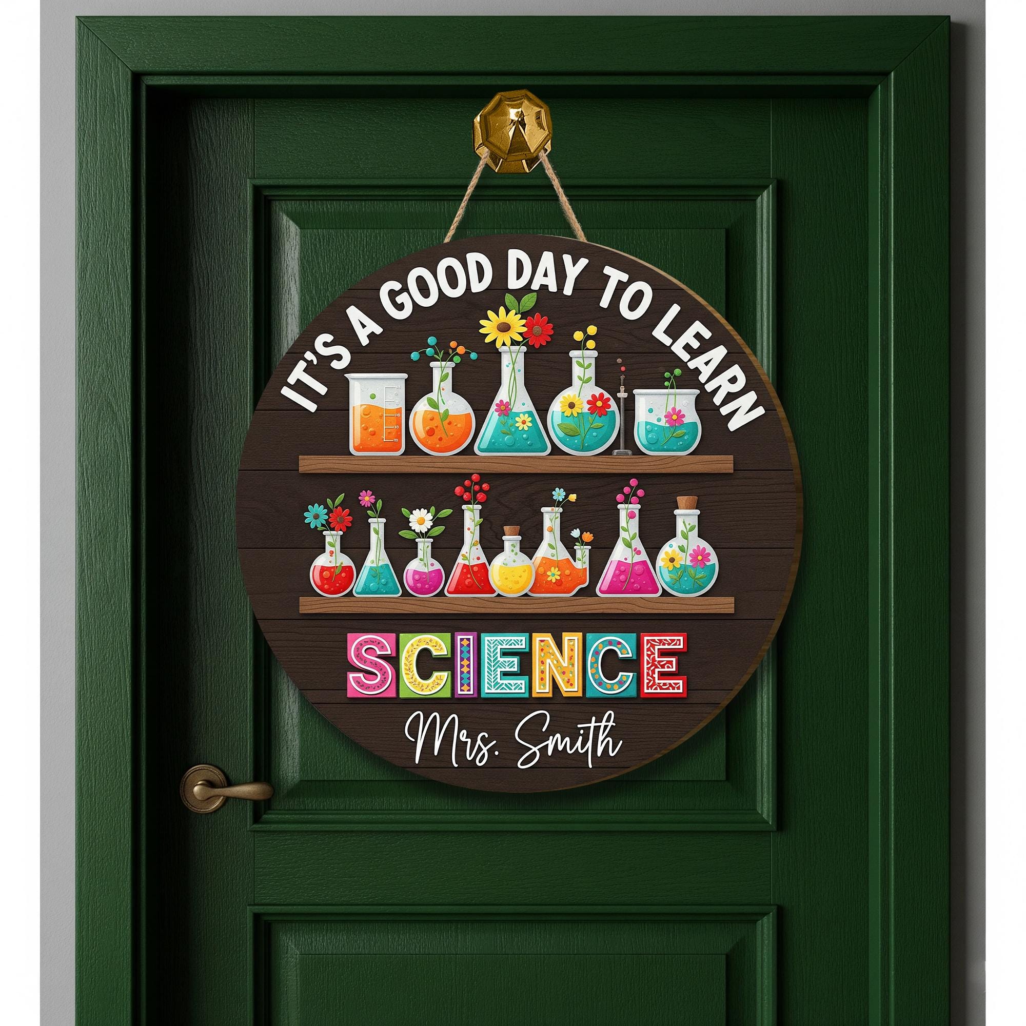 Personalized Science Teacher Door Sign – Round Classroom Lab Decor with Beakers & Flowers – Custom STEM Gift for Educators, Teachers