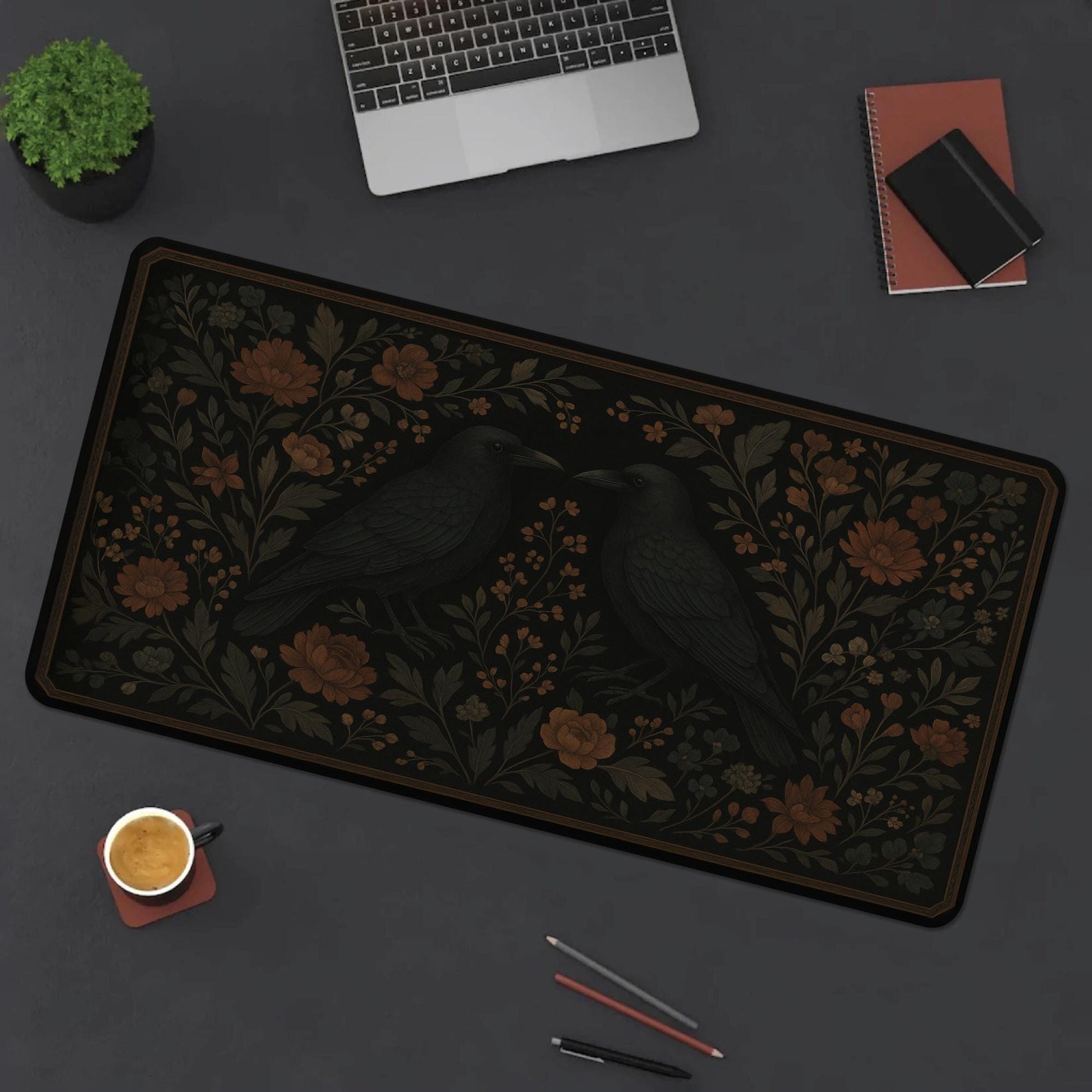Dark Academia Mouse Pad – Gothic Floral Raven Desk Mat – Aesthetic Black Desk Decor – Cottagecore Office Accessory – Vintage Scholar Vibe