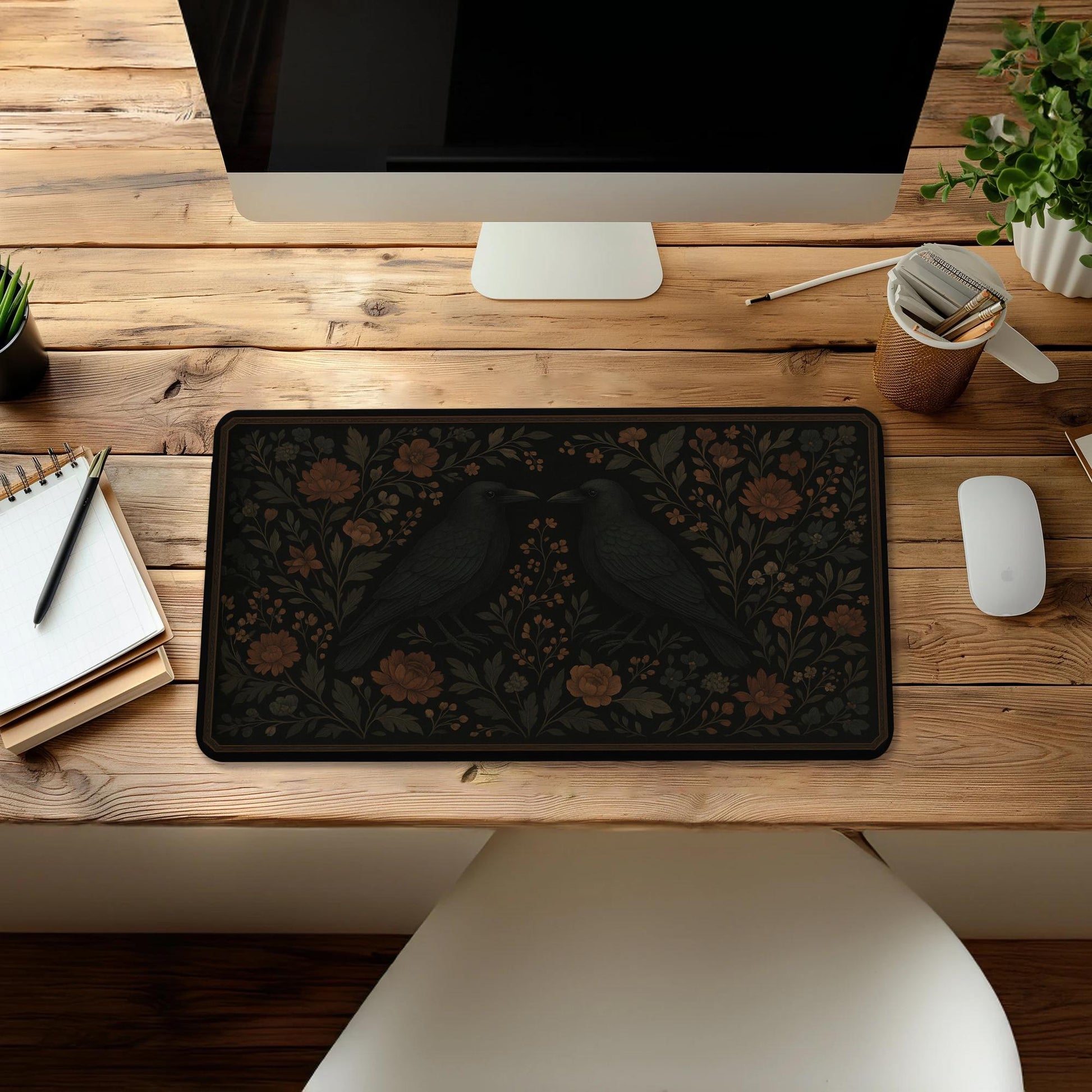 Dark Academia Mouse Pad – Gothic Floral Raven Desk Mat – Aesthetic Black Desk Decor – Cottagecore Office Accessory – Vintage Scholar Vibe
