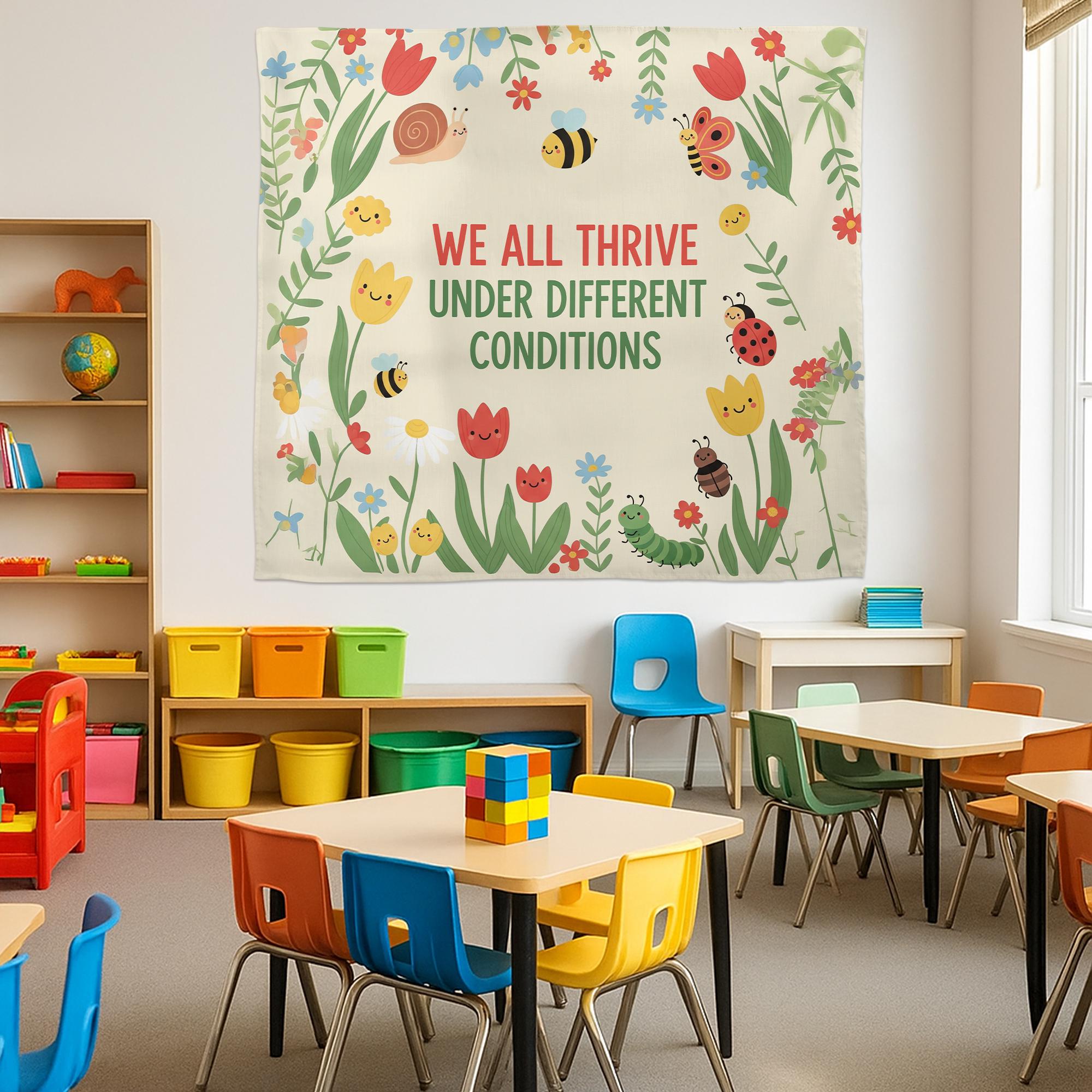 Classroom Tapestry Decor, We All Thrive Banner, Inclusive Teacher Poster, Growth Mindset Wall Art, Motivational School Tapestry