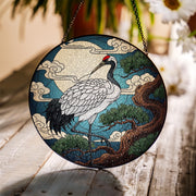 Crane and Moon Faux Stained Glass Suncatcher – Japanese Art Window Hanging, Round Bird Sun Catcher, Zen Nature Decor for Home