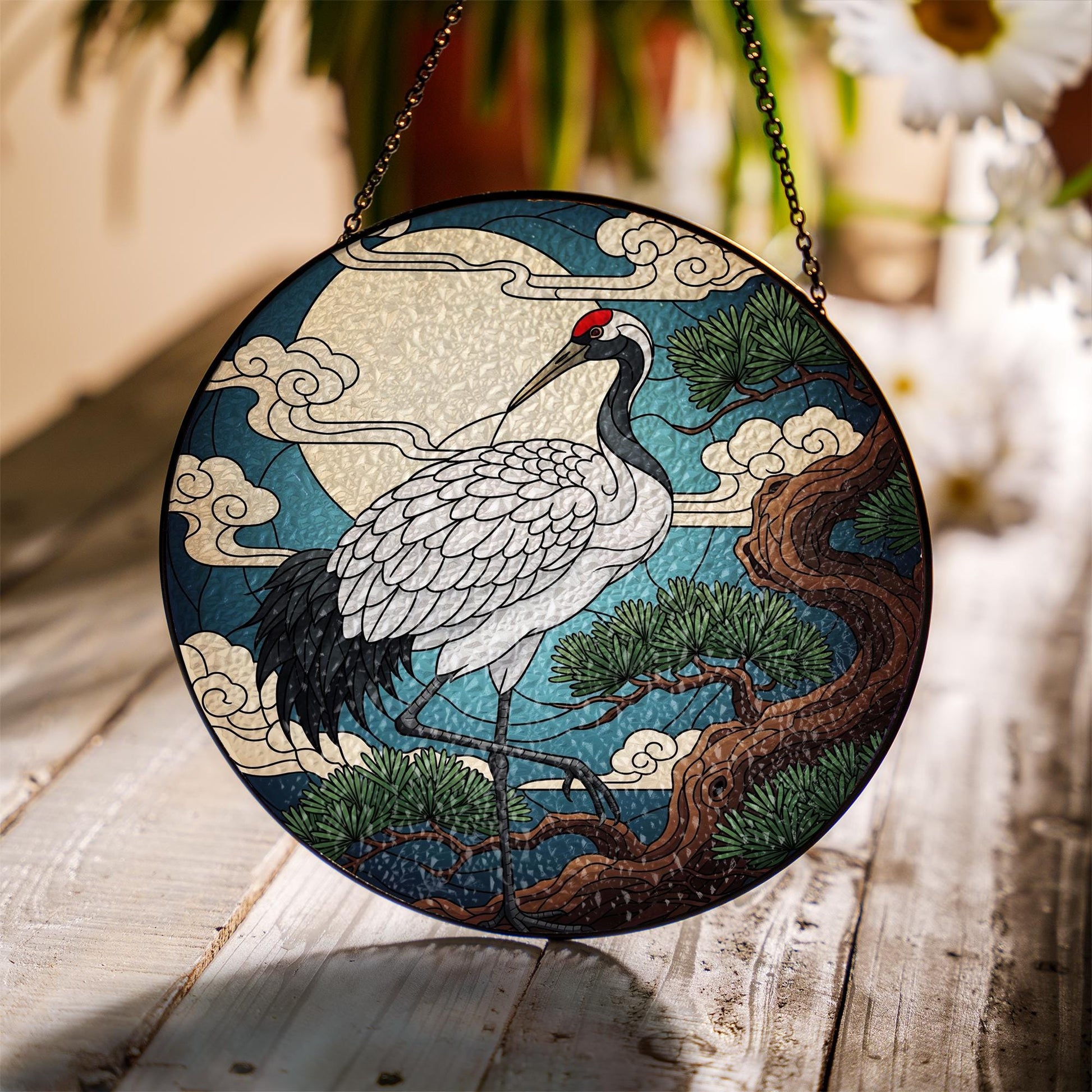 Crane and Moon Faux Stained Glass Suncatcher – Japanese Art Window Hanging, Round Bird Sun Catcher, Zen Nature Decor for Home