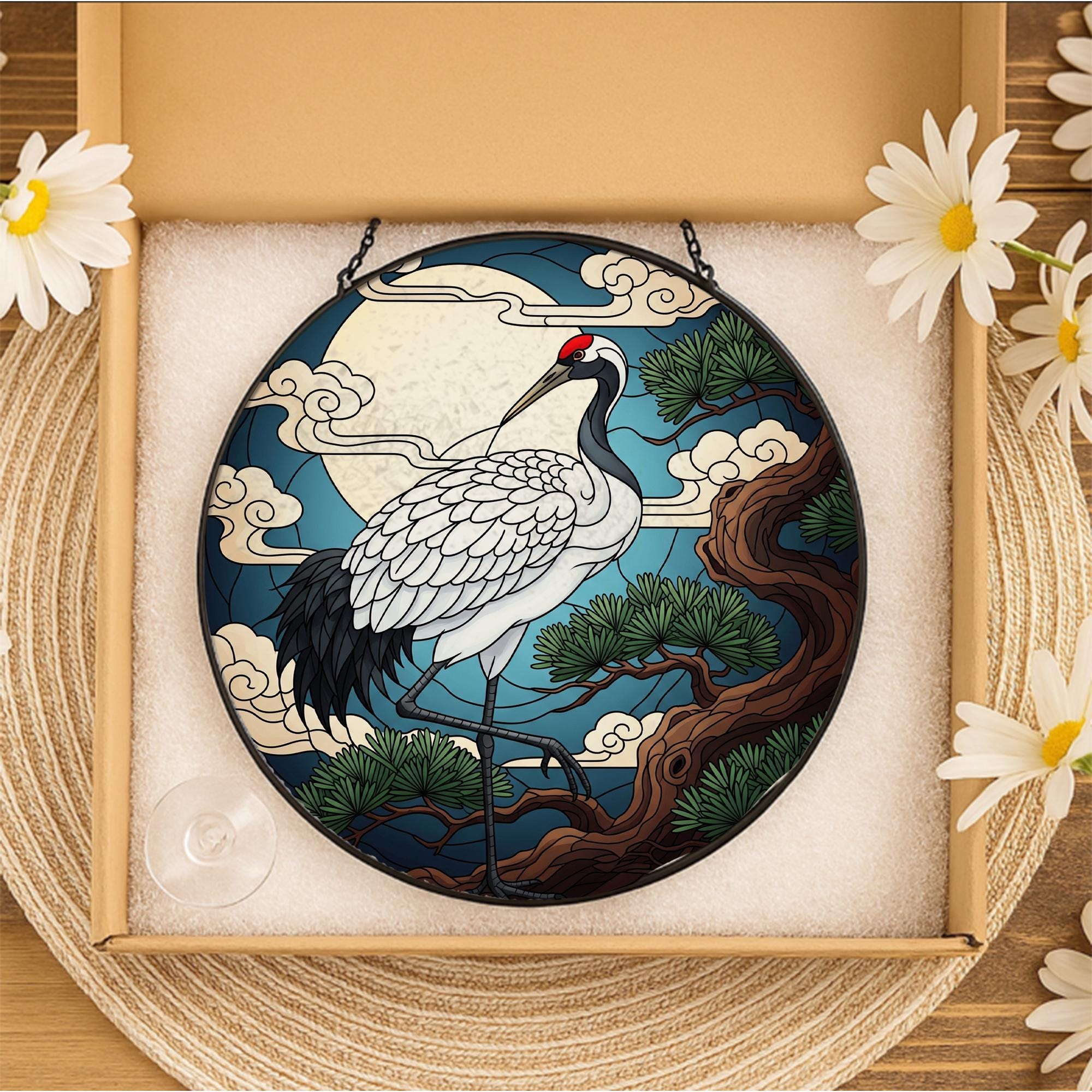 Crane and Moon Faux Stained Glass Suncatcher – Japanese Art Window Hanging, Round Bird Sun Catcher, Zen Nature Decor for Home