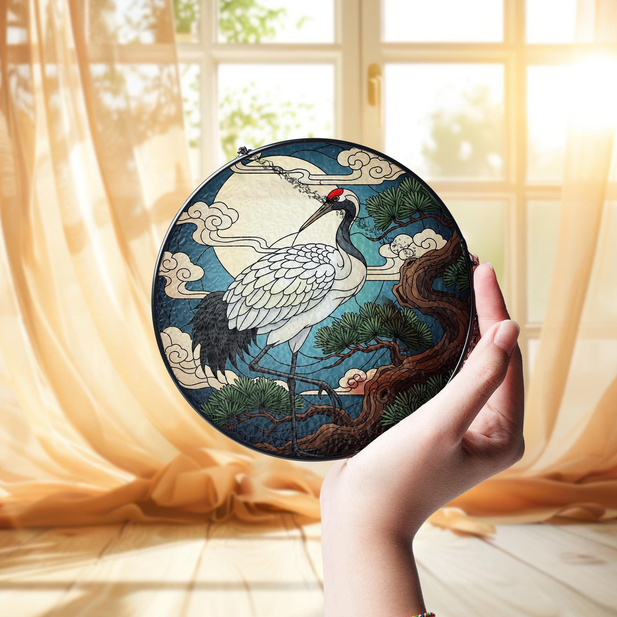 Crane and Moon Faux Stained Glass Suncatcher – Japanese Art Window Hanging, Round Bird Sun Catcher, Zen Nature Decor for Home