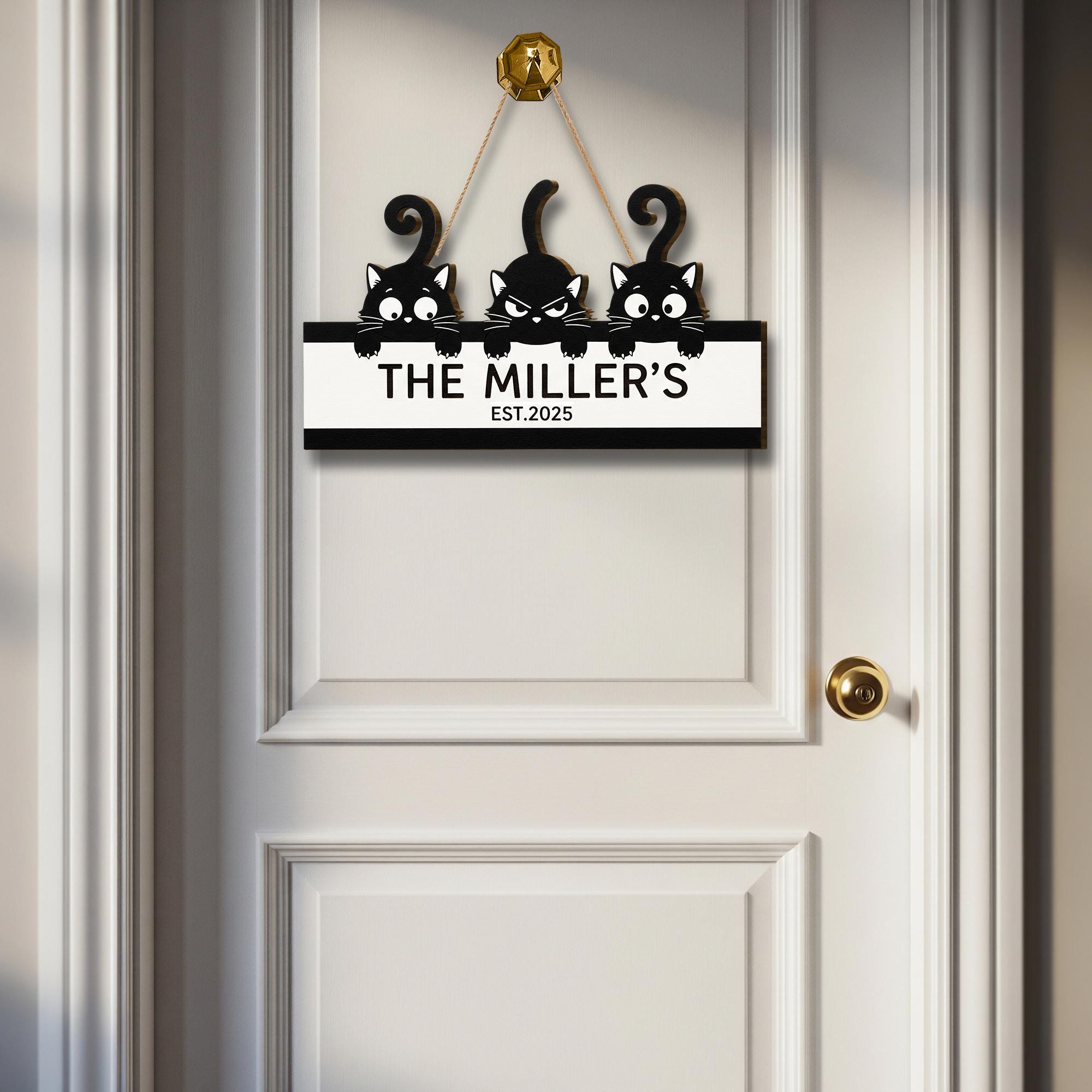 Custom Cat Family Name Sign – Personalized Wooden Door Sign with Cute Black Cat, Housewarming Gift, Pet Lover Decor, Established Year Plaque