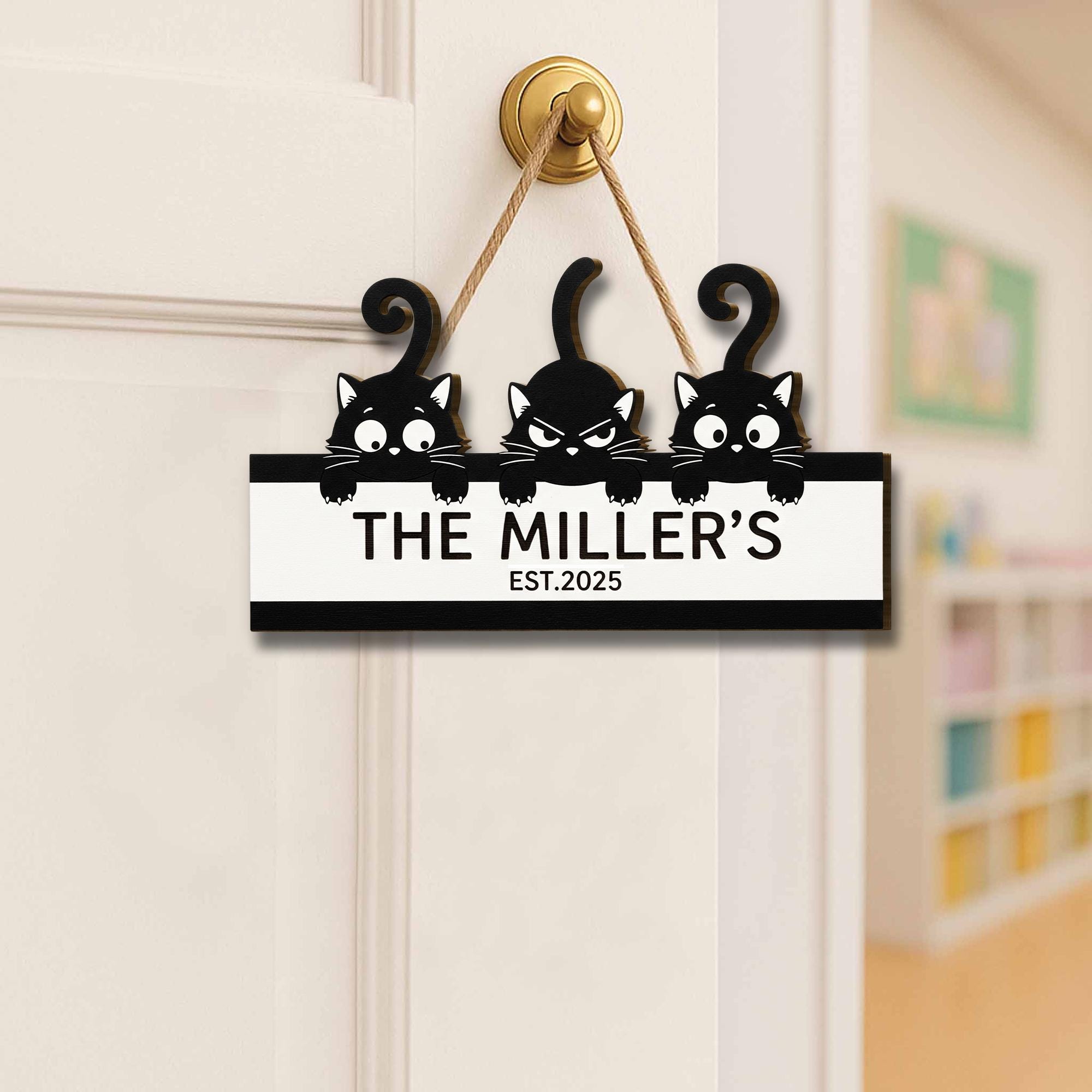 Custom Cat Family Name Sign – Personalized Wooden Door Sign with Cute Black Cat, Housewarming Gift, Pet Lover Decor, Established Year Plaque