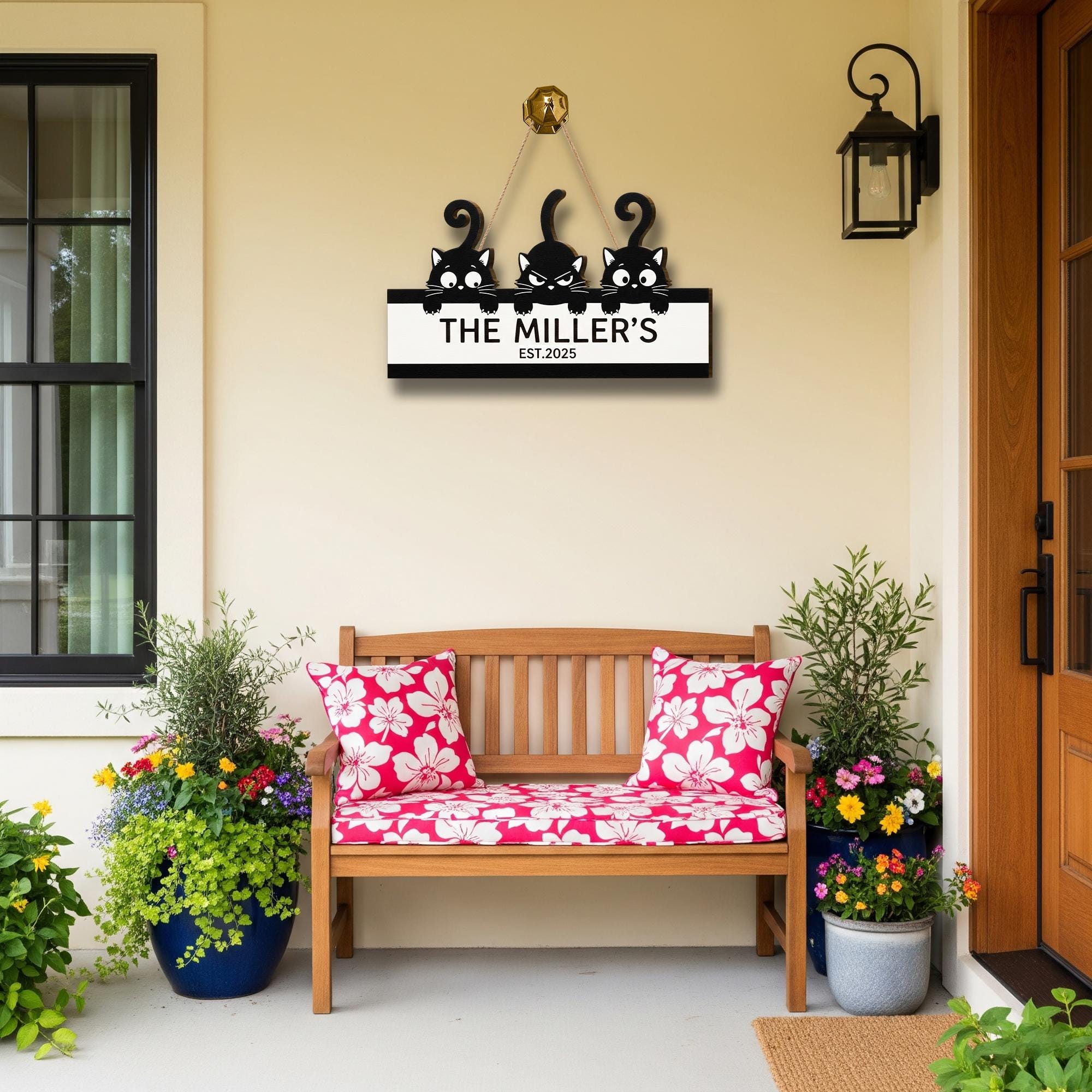 Custom Cat Family Name Sign – Personalized Wooden Door Sign with Cute Black Cat, Housewarming Gift, Pet Lover Decor, Established Year Plaque