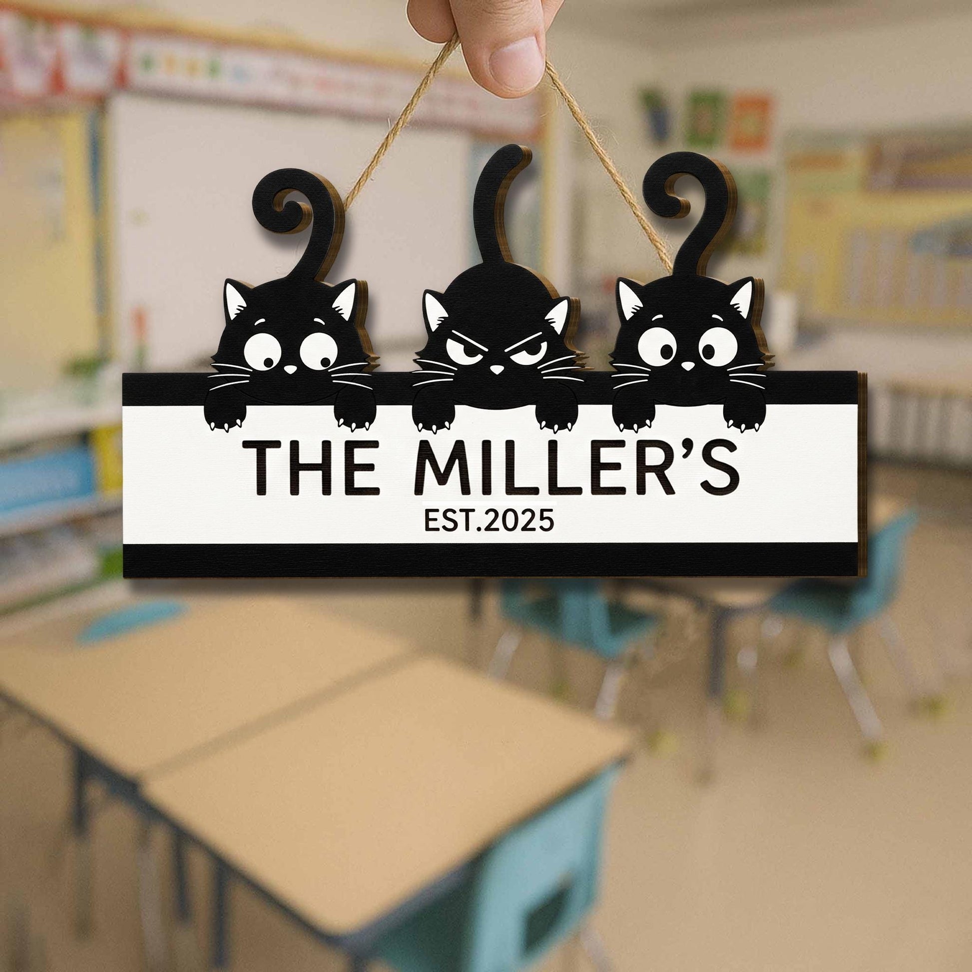 Custom Cat Family Name Sign – Personalized Wooden Door Sign with Cute Black Cat, Housewarming Gift, Pet Lover Decor, Established Year Plaque