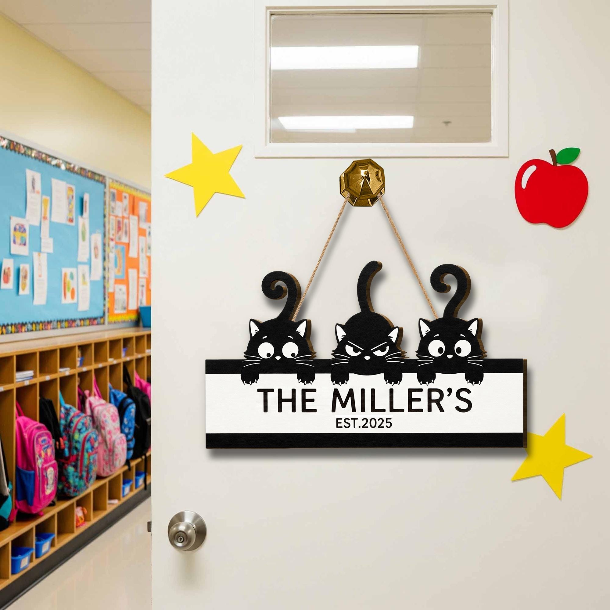 Custom Cat Family Name Sign – Personalized Wooden Door Sign with Cute Black Cat, Housewarming Gift, Pet Lover Decor, Established Year Plaque