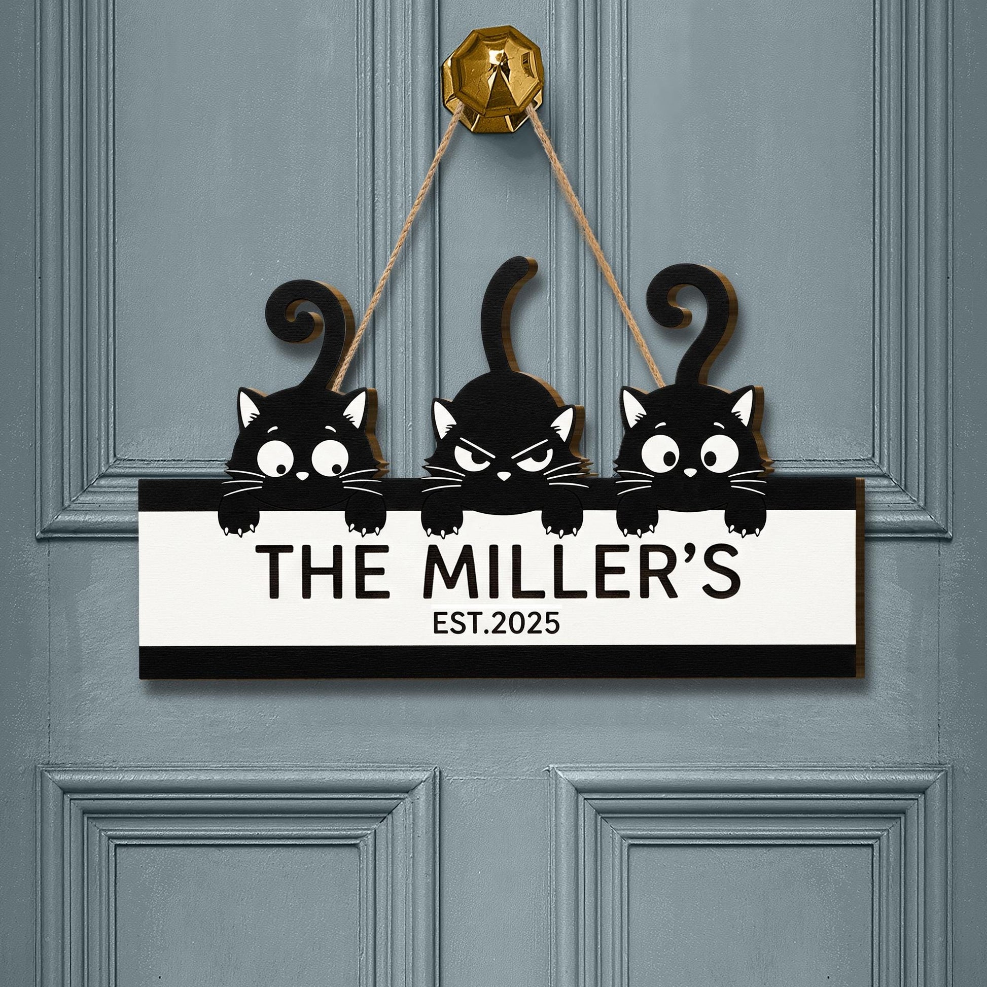 Custom Cat Family Name Sign – Personalized Wooden Door Sign with Cute Black Cat, Housewarming Gift, Pet Lover Decor, Established Year Plaque