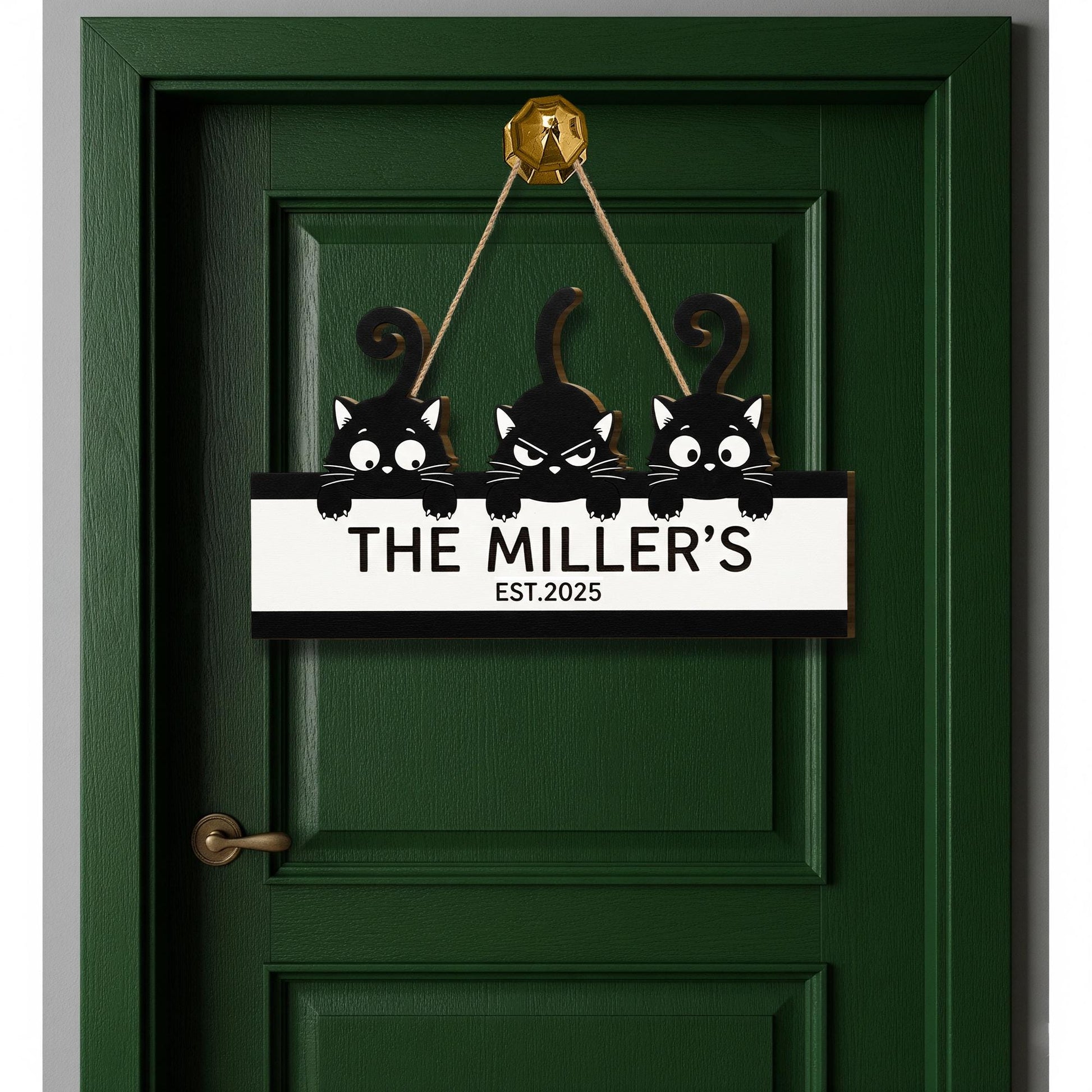 Custom Cat Family Name Sign – Personalized Wooden Door Sign with Cute Black Cat, Housewarming Gift, Pet Lover Decor, Established Year Plaque