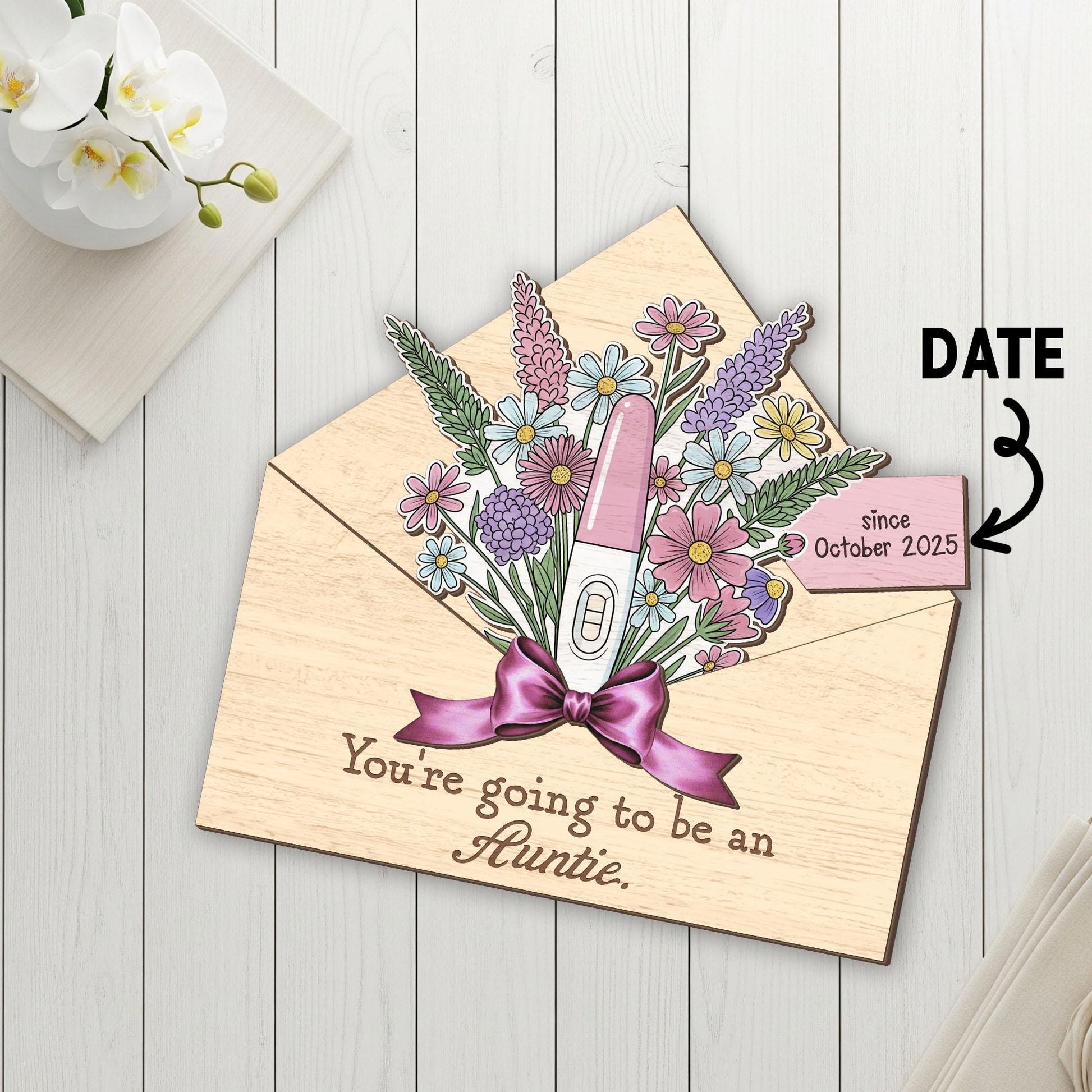 Custom Wooden Pregnancy Test Flower Bouquet | Auntie Baby Announcement Gift | Envelope Keepsake Reveal | October 2025 Pregnancy Reveal