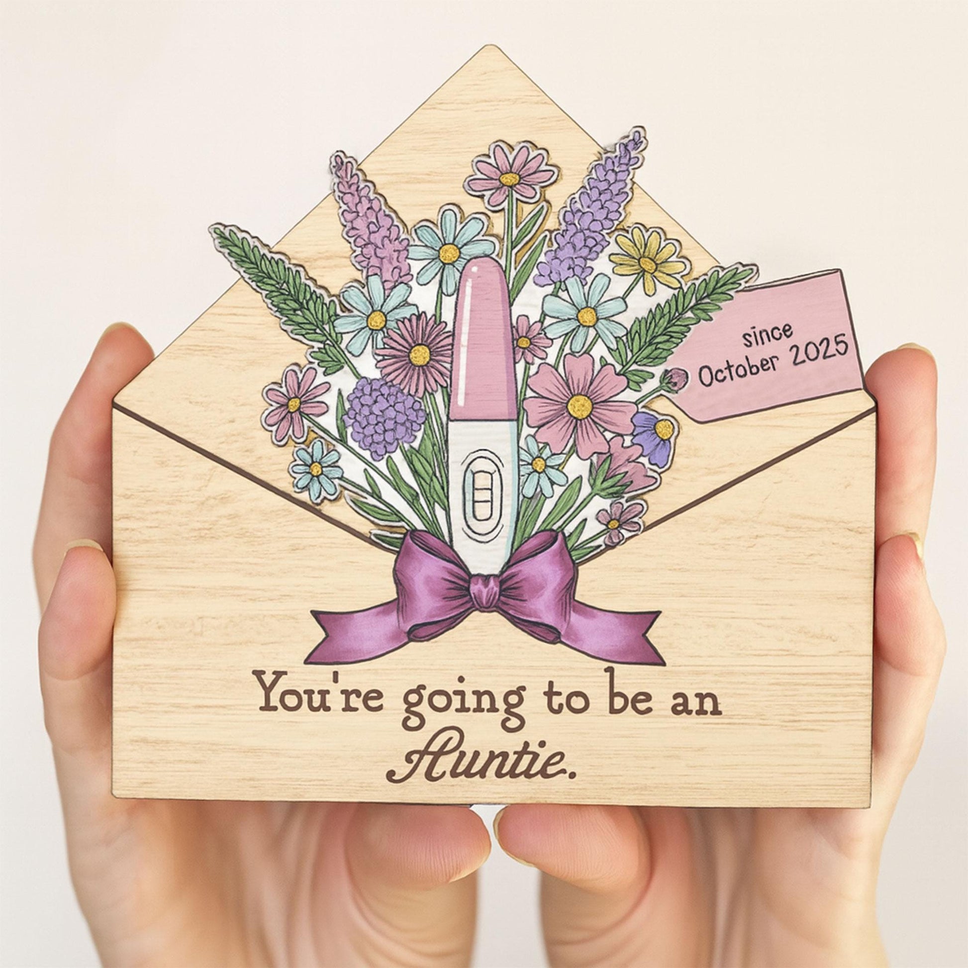 Custom Wooden Pregnancy Test Flower Bouquet | Auntie Baby Announcement Gift | Envelope Keepsake Reveal | October 2025 Pregnancy Reveal
