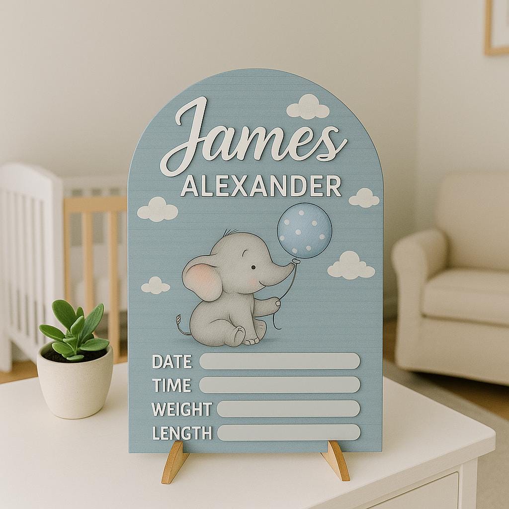 Personalized Baby Arrival Sign, Elephant Nursery Decor, Birth Stat Plaque for Boys, Newborn Hospital Reveal Keepsake, Baby Announcement Sign