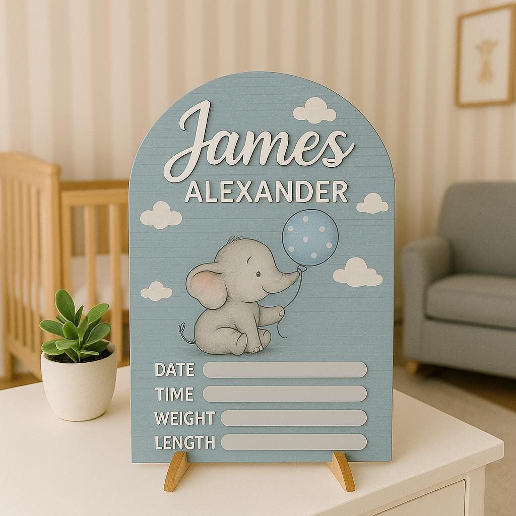 Personalized Baby Arrival Sign, Elephant Nursery Decor, Birth Stat Plaque for Boys, Newborn Hospital Reveal Keepsake, Baby Announcement Sign