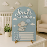 Personalized Baby Arrival Sign, Elephant Nursery Decor, Birth Stat Plaque for Boys, Newborn Hospital Reveal Keepsake, Baby Announcement Sign