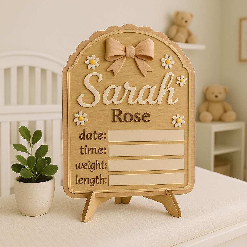 Personalized Baby Girl Name Sign, Birth Stat Wooden Plaque, Nursery Decor with Flowers & Bow, Newborn Hospital Announcement Board