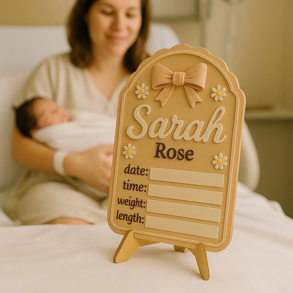 Personalized Baby Girl Name Sign, Birth Stat Wooden Plaque, Nursery Decor with Flowers & Bow, Newborn Hospital Announcement Board