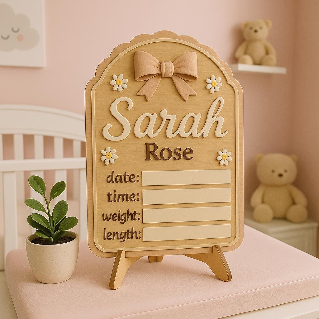 Personalized Baby Girl Name Sign, Birth Stat Wooden Plaque, Nursery Decor with Flowers & Bow, Newborn Hospital Announcement Board