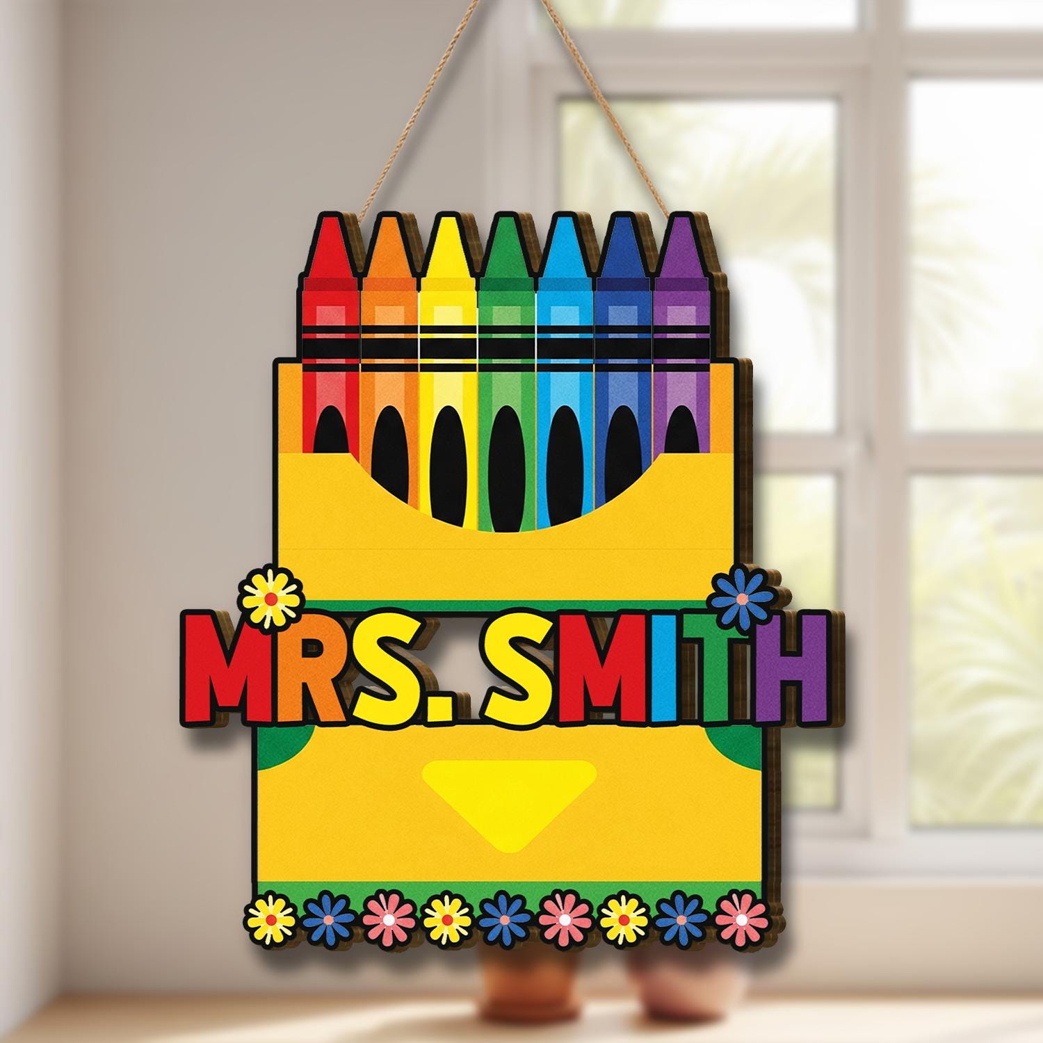 Crayon Teacher Door Sign, Personalized Name Plaque for Classroom, Back to School Decor, Rainbow Custom Teacher Gift, School Door Hanger