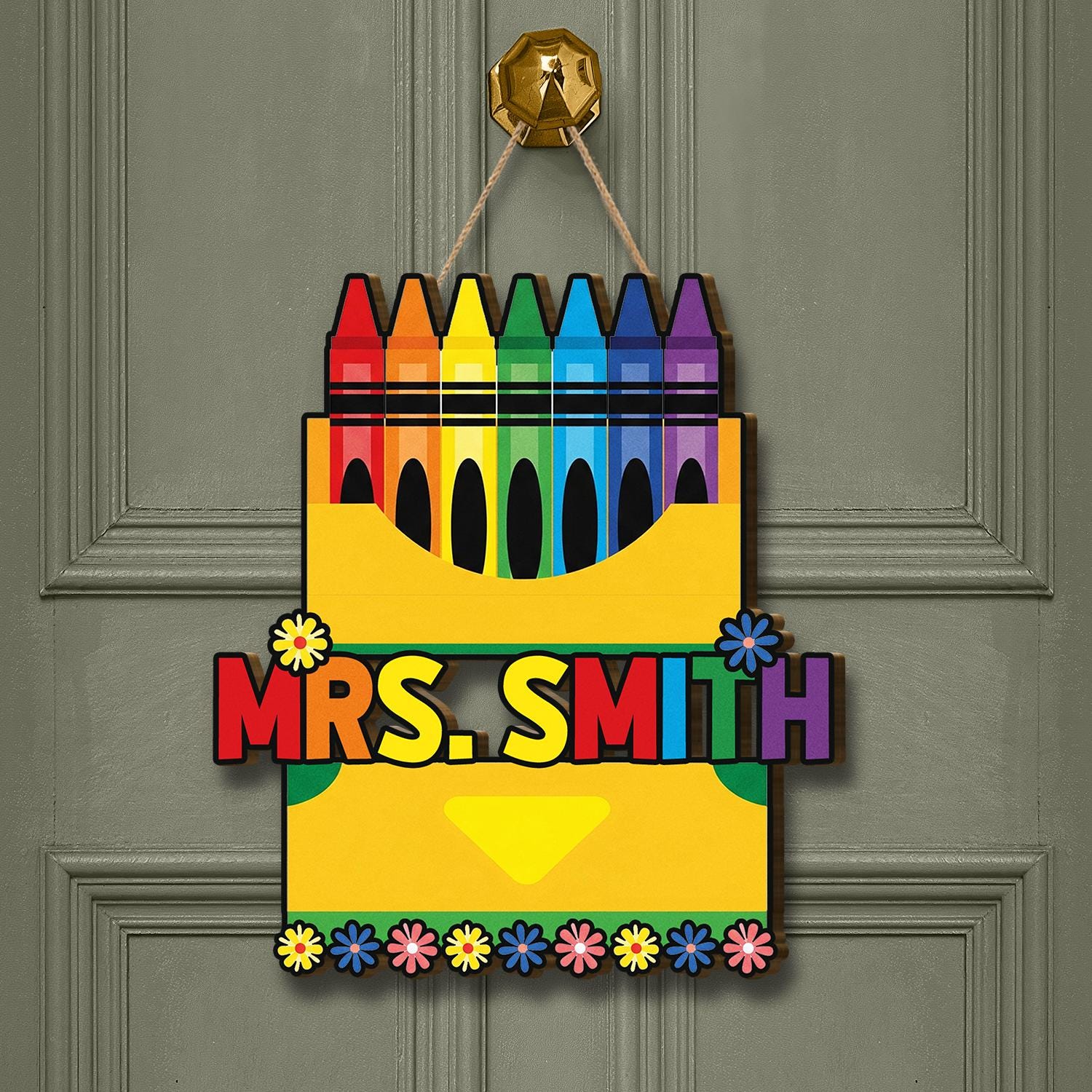 Crayon Teacher Door Sign, Personalized Name Plaque for Classroom, Back to School Decor, Rainbow Custom Teacher Gift, School Door Hanger