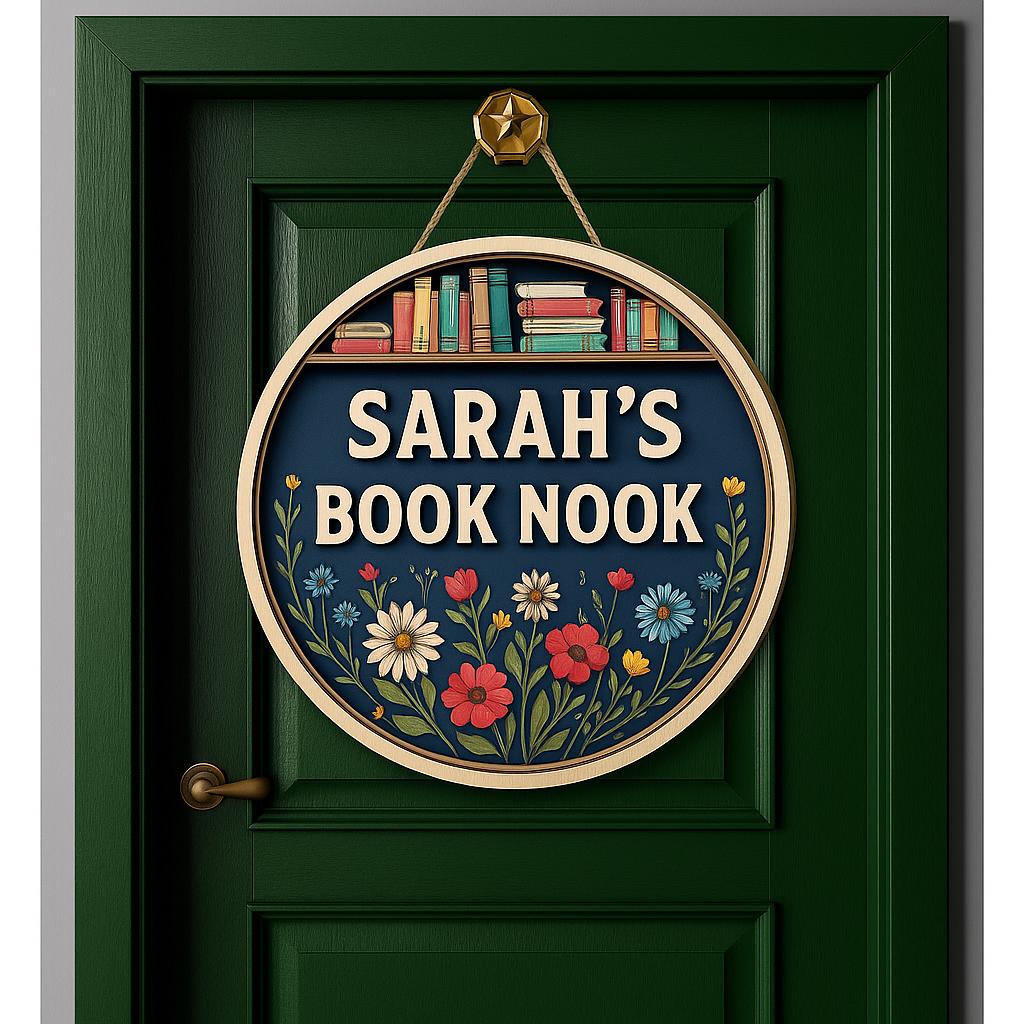 Custom Book Nook Door Hanger, Personalized Reading Corner Sign with Floral & Bookshelf Design, Cozy Gift for Book Lovers and Readers