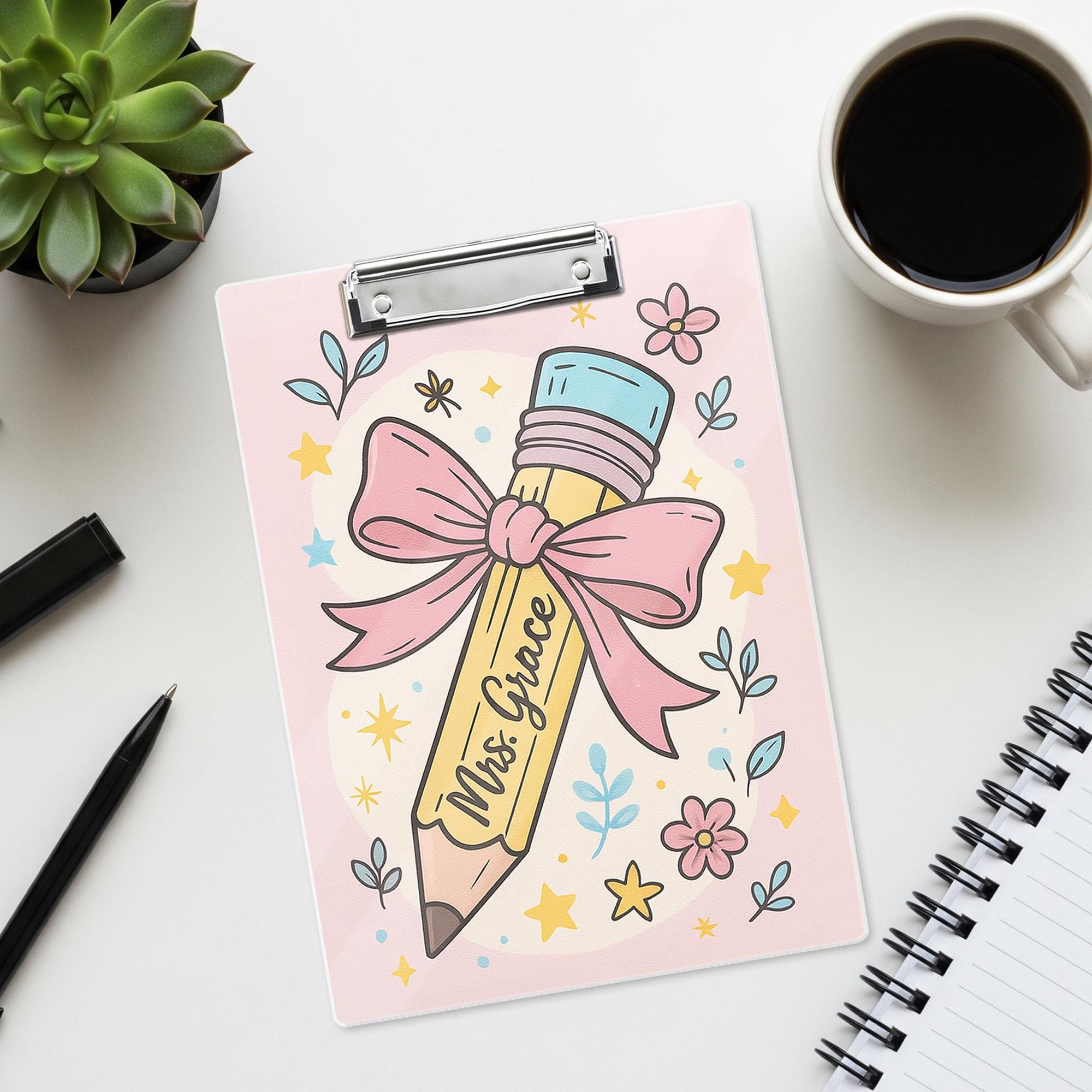 Custom Coquette Teacher Clipboard, Personalized Pink Pencil Back to School Gift, Cute Floral Office Supply, Name Clipboard for Class