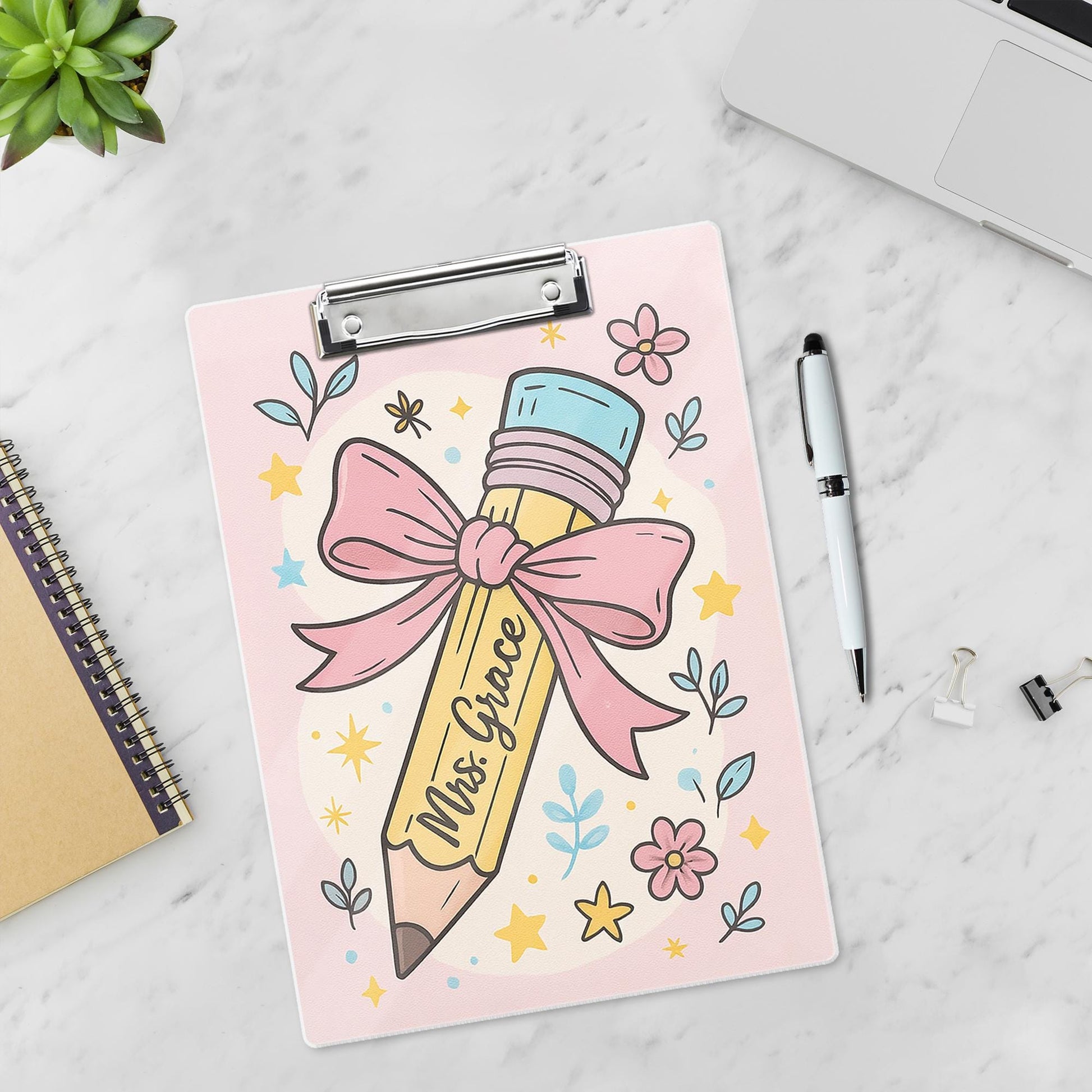 Custom Coquette Teacher Clipboard, Personalized Pink Pencil Back to School Gift, Cute Floral Office Supply, Name Clipboard for Class