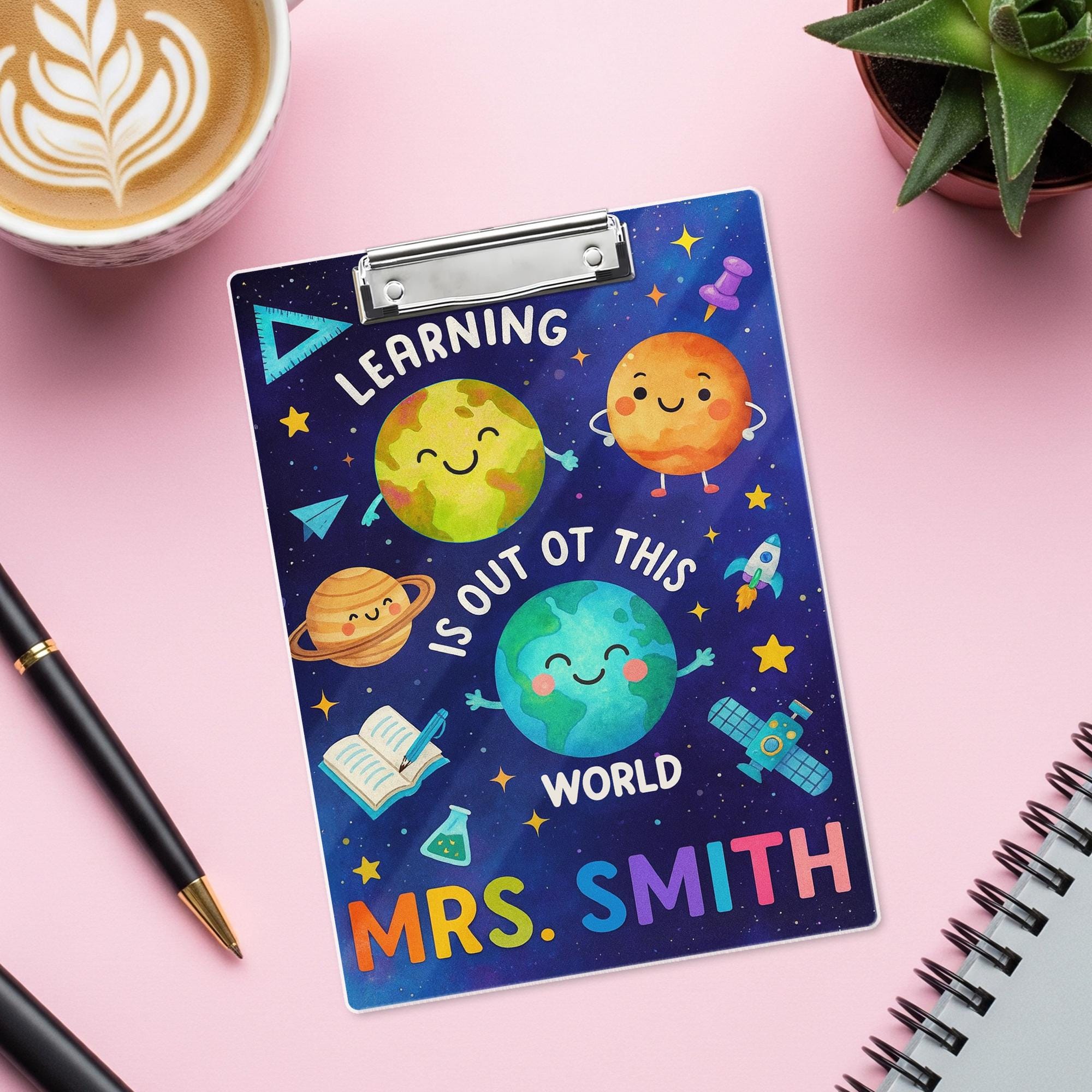 Personalized Space Theme Teacher Clipboard – Learning Is Out of This World – Custom Name Back to School Gift for Teachers, School Supplies