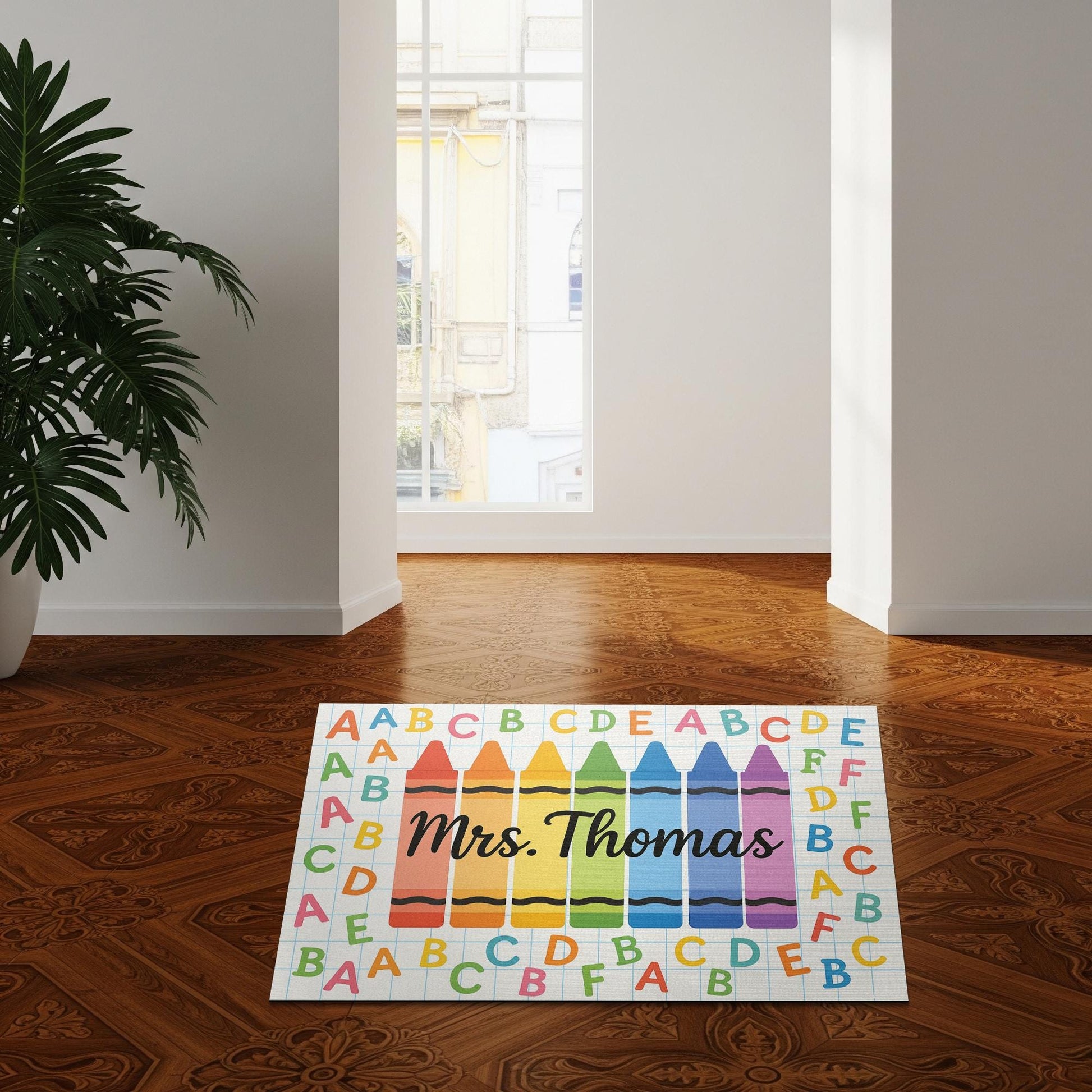 Crayon Alphabet Teacher Doormat, Custom Classroom Rug, Personalized Back to School Mat, Classroom Welcome Floor Decor