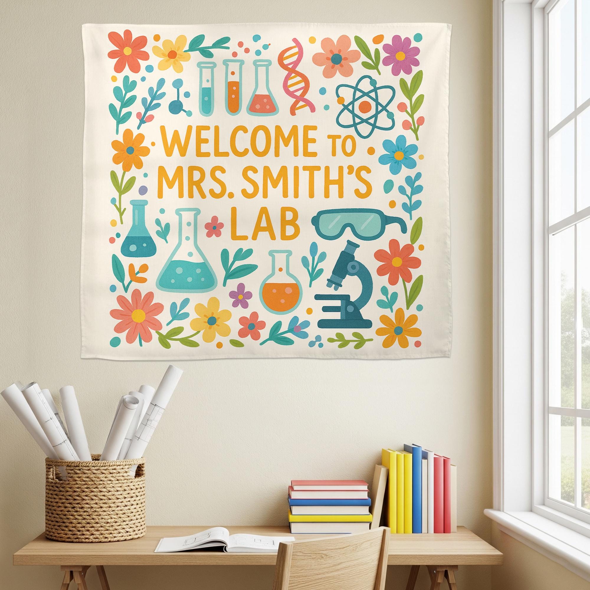 Personalized Science Lab Tapestry, Classroom Wall Decor, Cute Teacher Banner, Chemistry Poster, Floral STEM Lab Decoration,Science Lab Decor